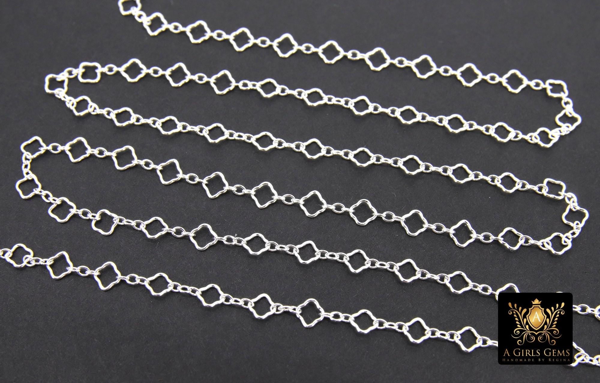 14 K Gold Filled Clover Chain By The Foot, 925 Sterling Silver Quatrefoil Long and Short Rolo Chain