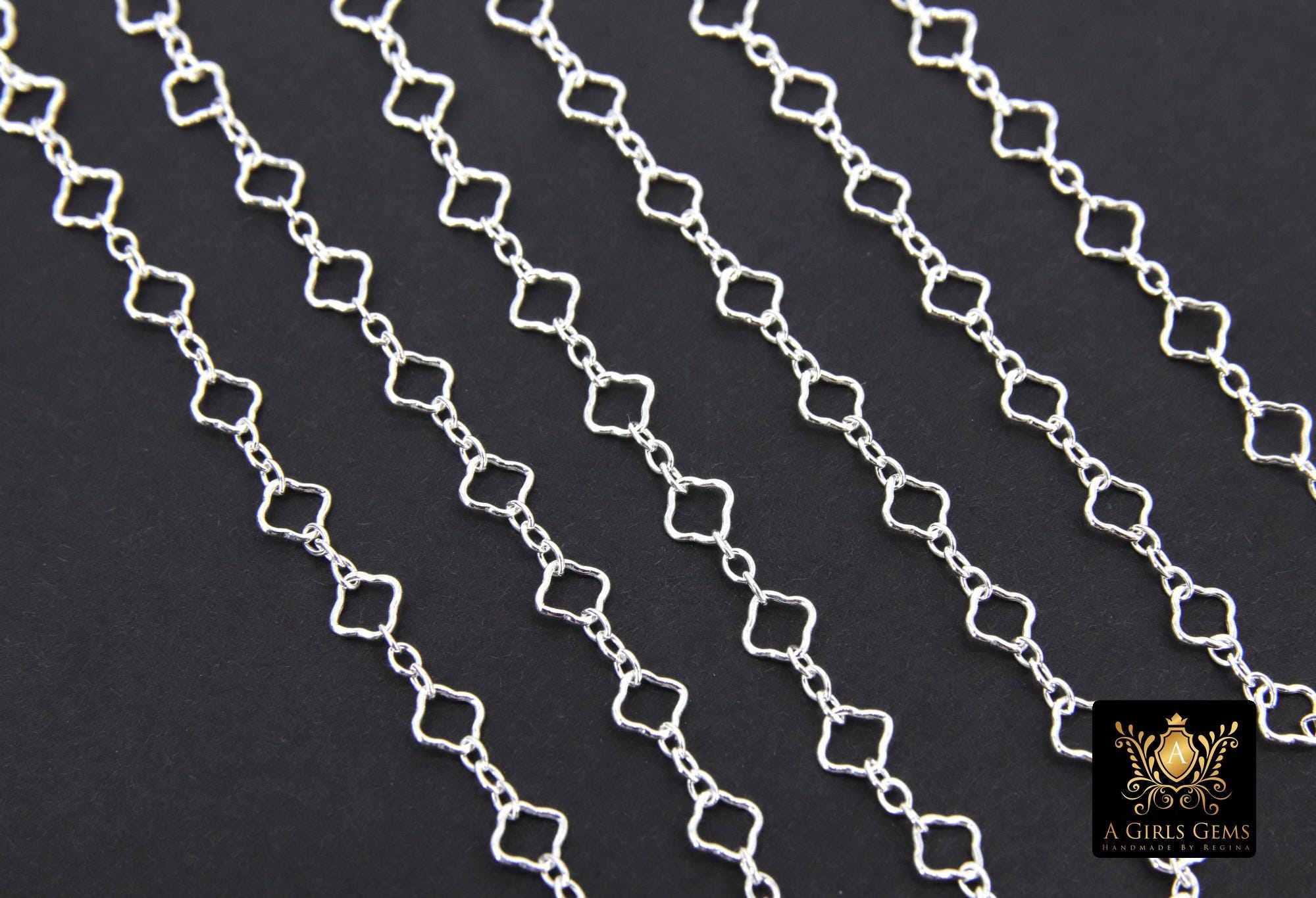 14 K Gold Filled Clover Chain By The Foot, 925 Sterling Silver Quatrefoil Long and Short Rolo Chain