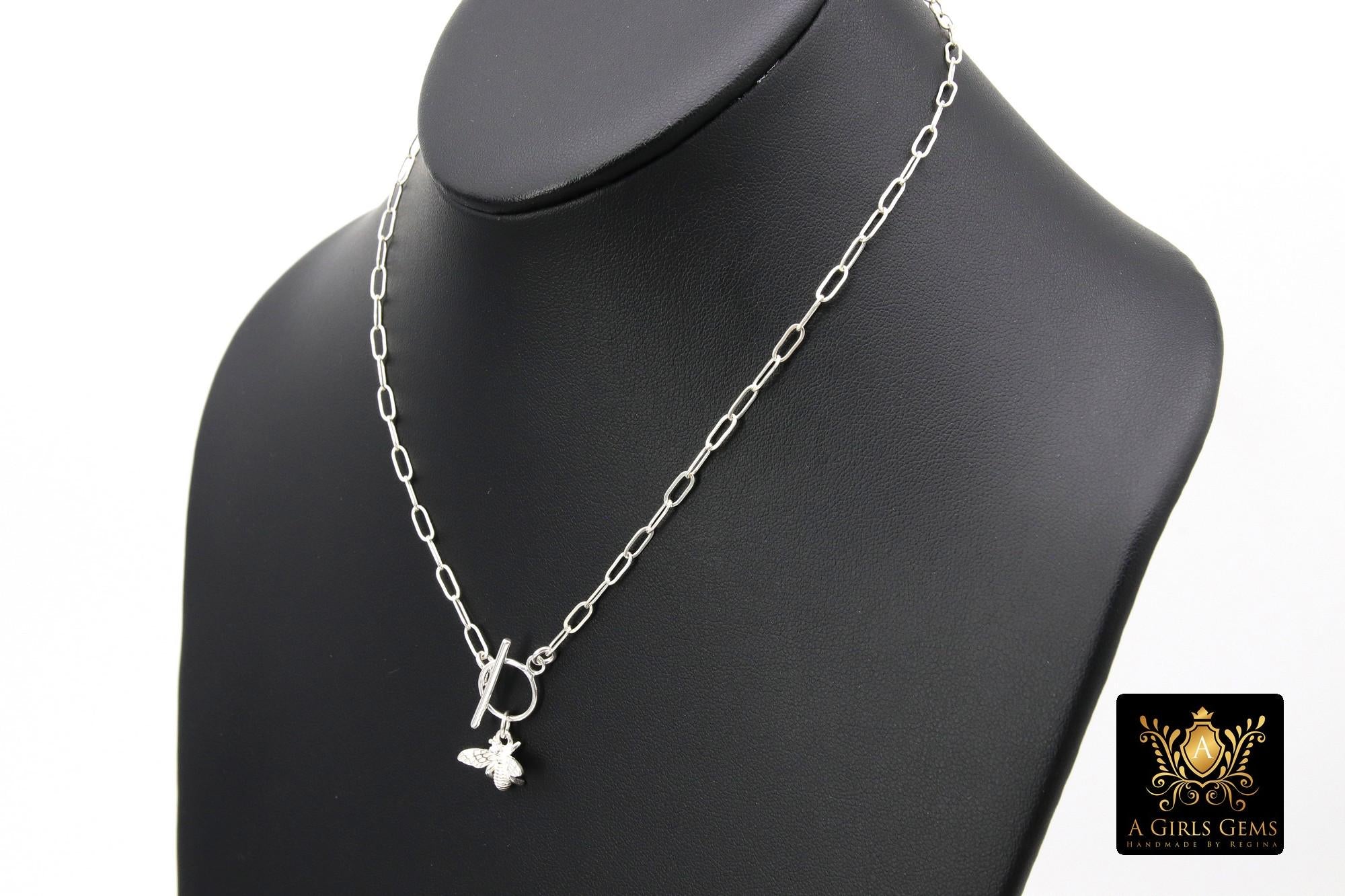 Bumble Bee Chain Necklace, 925 Sterling Silver Toggle, Queen Bee Rectangle Paperclip Drawn Chain