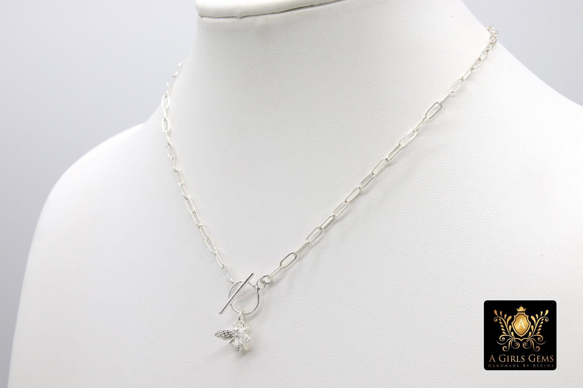 Bumble Bee Chain Necklace, 925 Sterling Silver Toggle, Queen Bee Rectangle Paperclip Drawn Chain