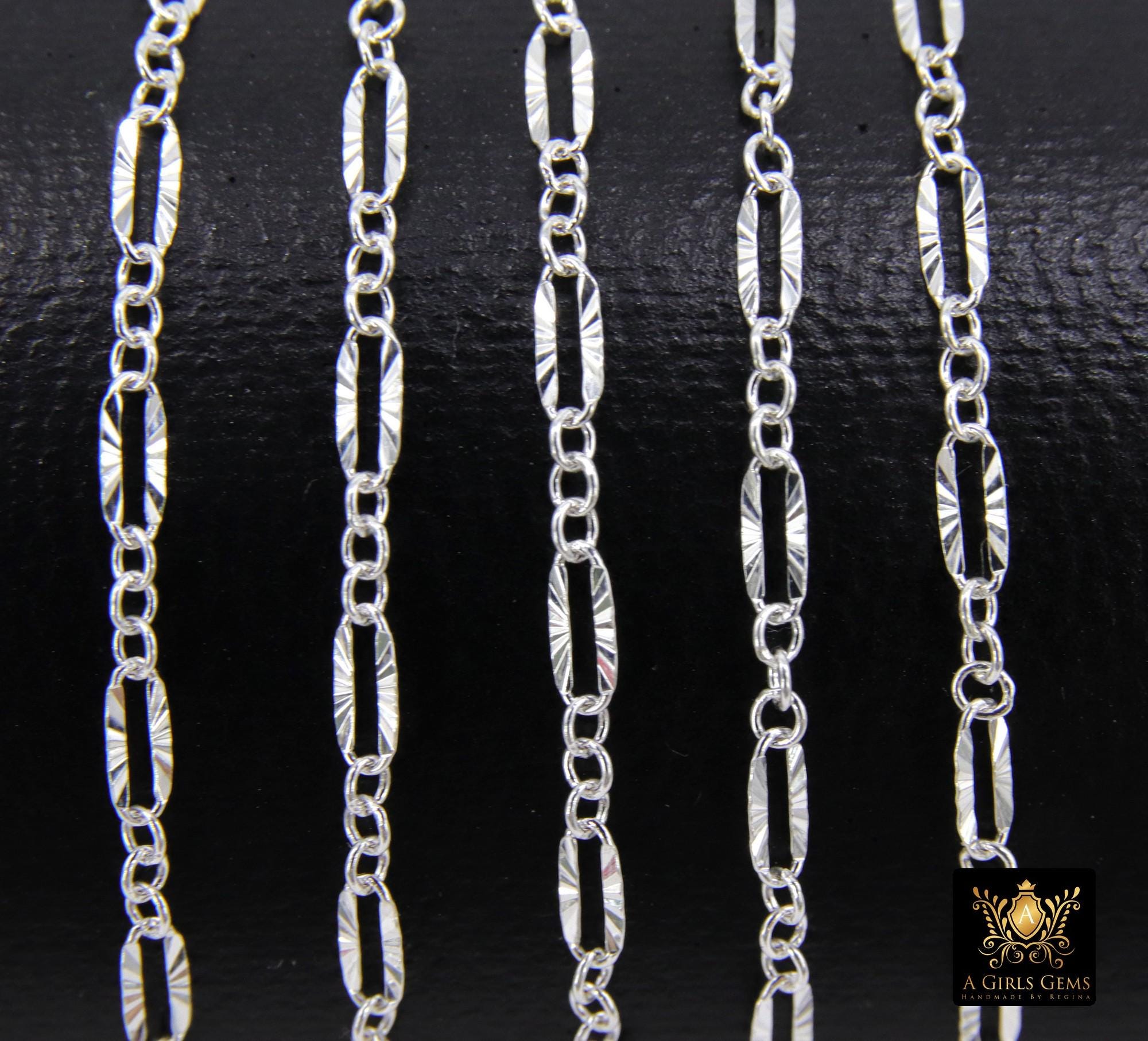 925 Sterling Silver Nugget Bar Chain, Silver Long and Short 2.5 mm Sequin CH #877, 5.5 mm Hammer Starburst