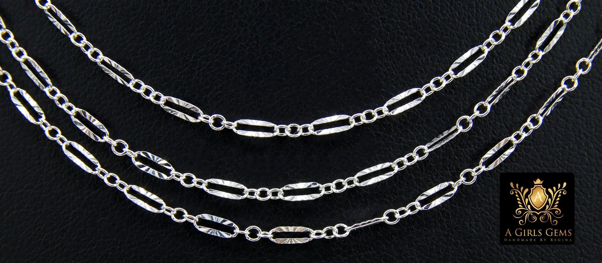 925 Sterling Silver Bar Chain, Silver Long and Short Sequin 2.3 mm Starburst Hammered Nugget Chain