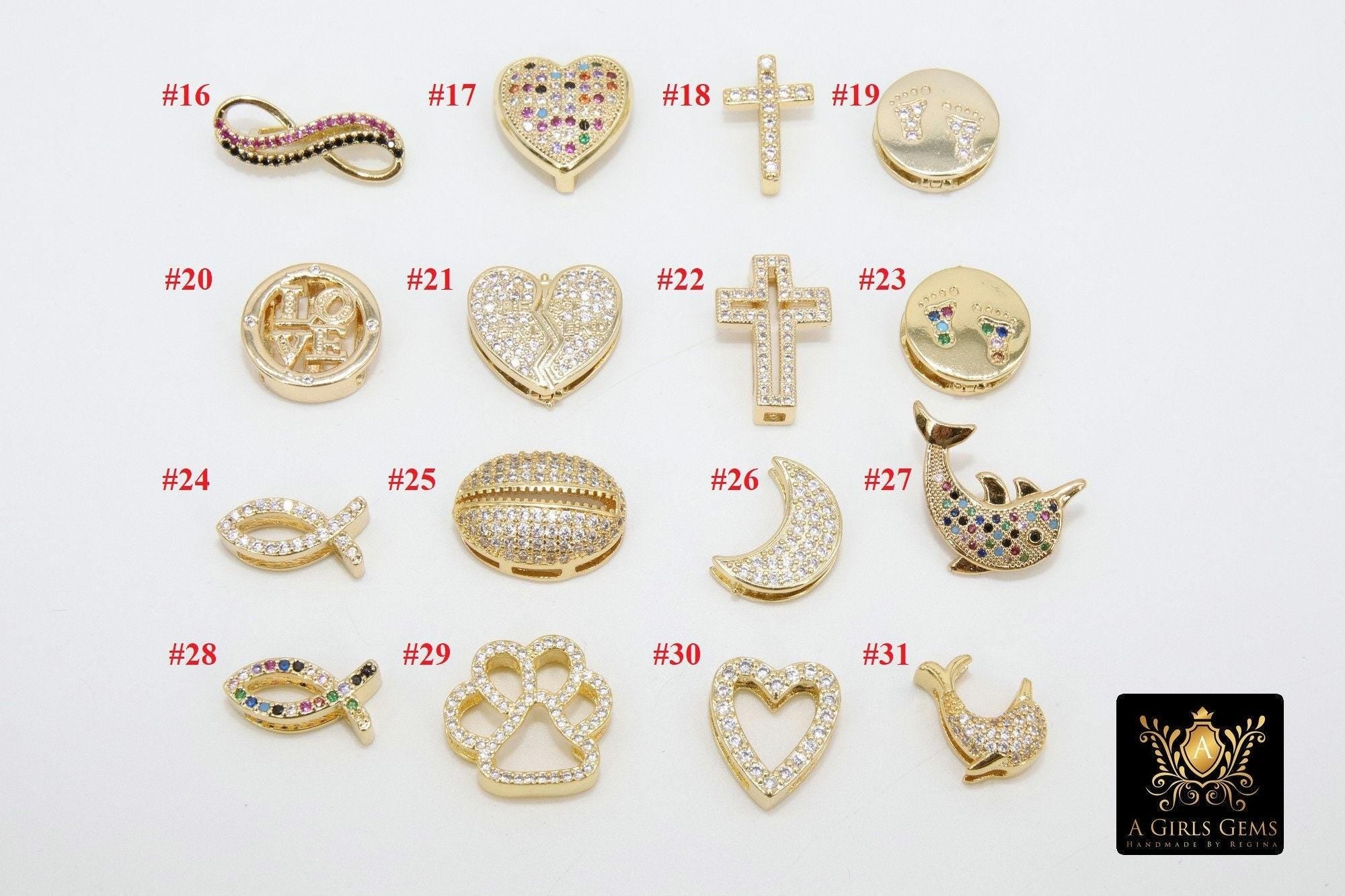 CZ Micro Pave Gold Heart Slider Charms, Butterfly Slider Bracelet, Ladybug Slide