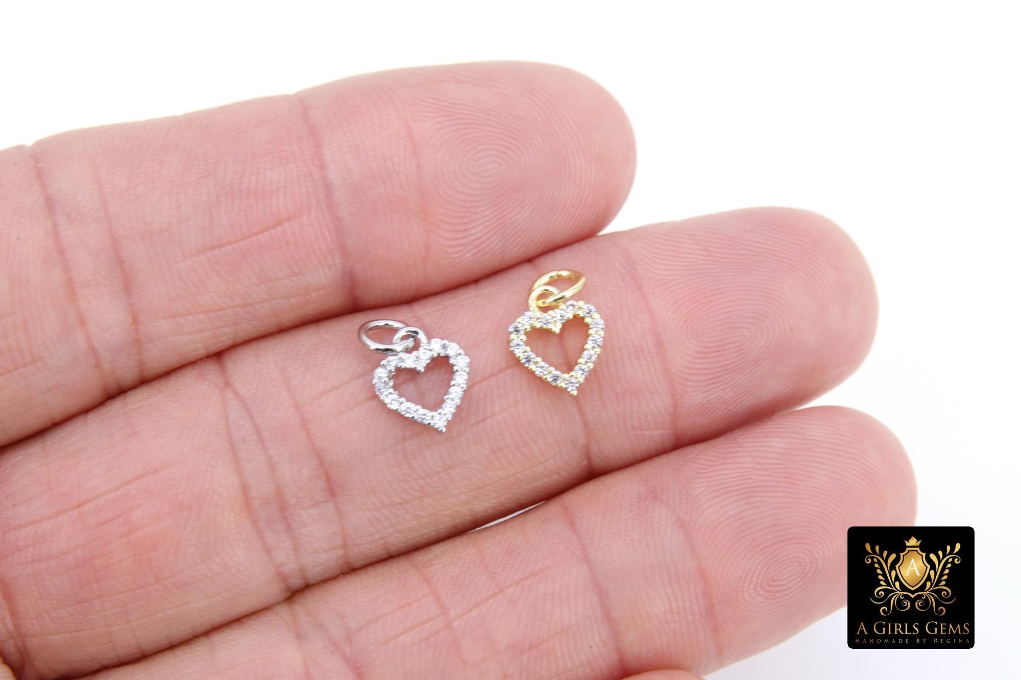 CZ Paved Gold Heart Charms, 10 mm Tiny Heart Charm #3407, Silver Minimalist Small Valentine Heart