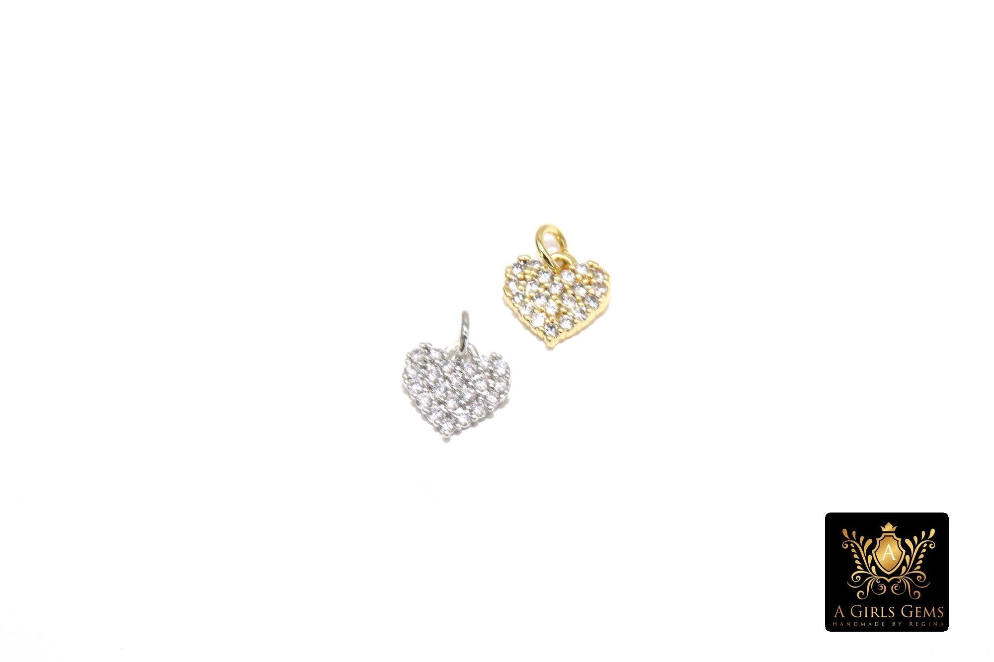 CZ Paved Gold Heart Charm, 9 mm Silver Cubic Zirconia Flat Heart Shaped Charm #170, Tiny CZ Heart Charms