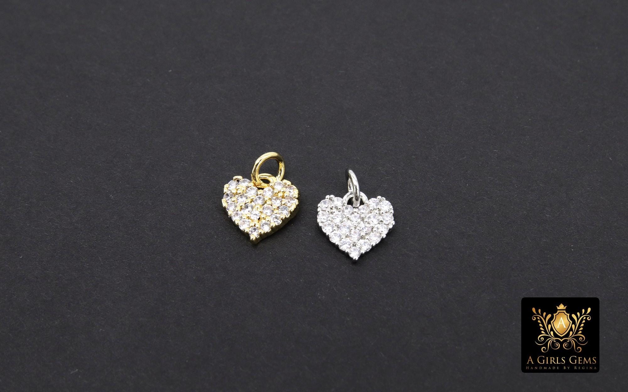 CZ Paved Gold Heart Charm, 9 mm Silver Cubic Zirconia Flat Heart Shaped Charm #170, Tiny CZ Heart Charms