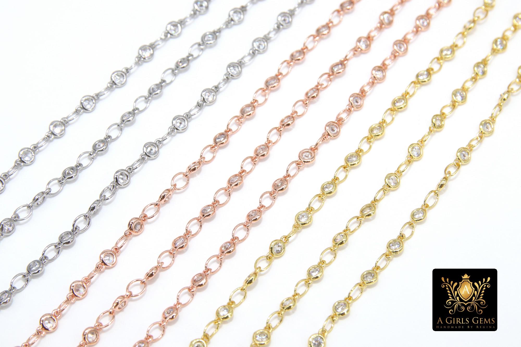 3mm Gold CZ Chain By The Yard, Silver Genuine Cubic Zirconia Chain CH #560, By The Foot