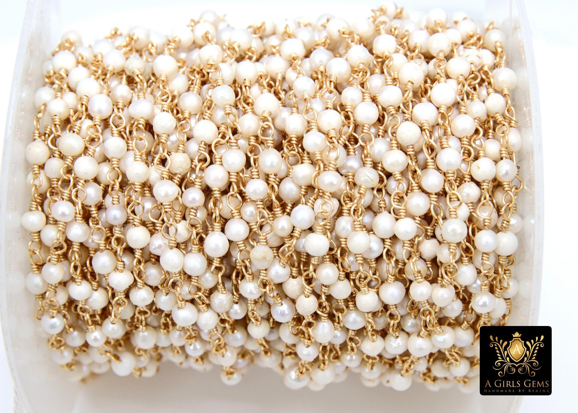 Natural Pearl Rosary Chain, 4 mm Freshwater Beaded Rosary Chain CH #540, 3 mm Gold Wire Wrapped