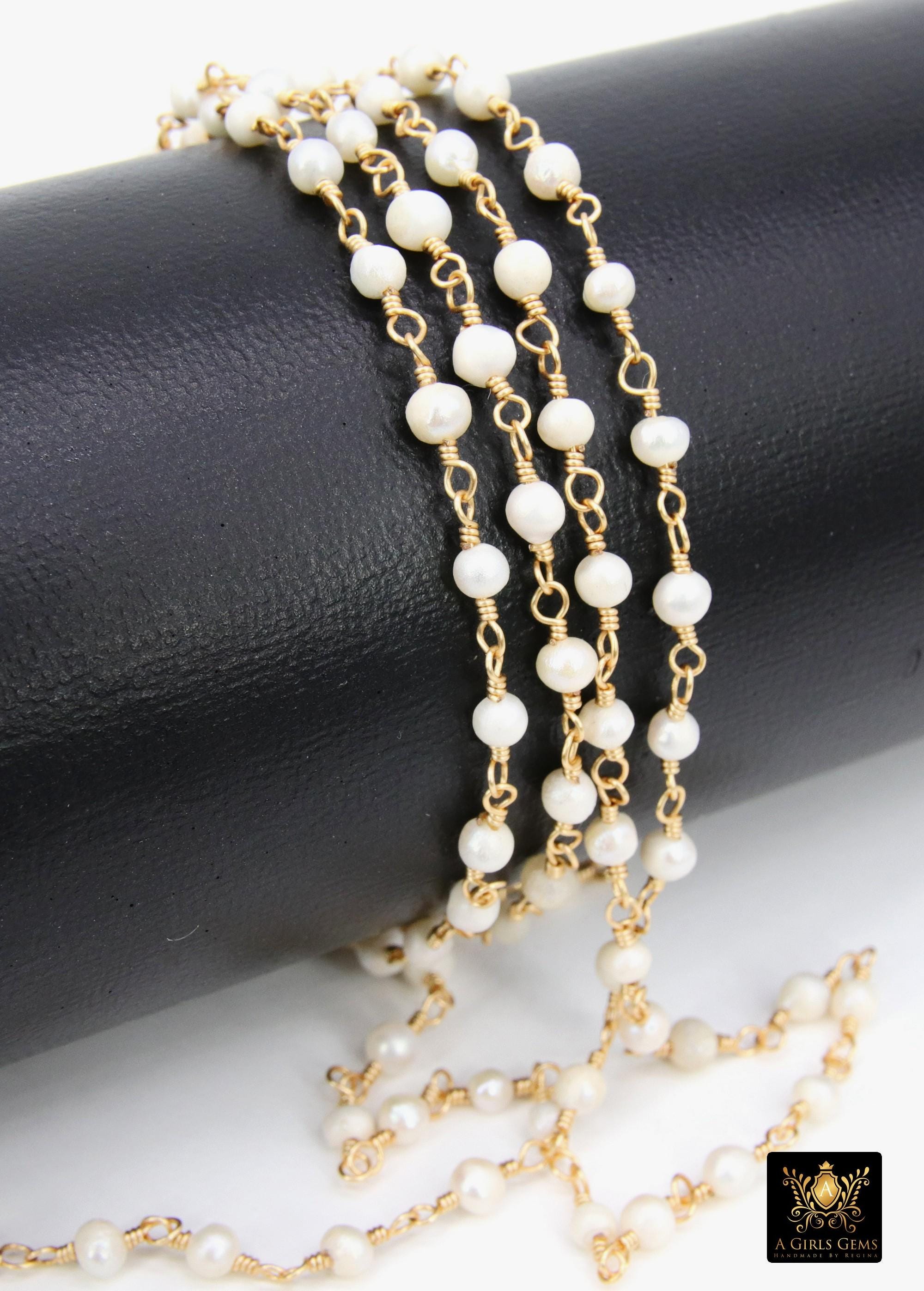 Natural Pearl Rosary Chain, 4 mm Freshwater Beaded Rosary Chain CH #540, 3 mm Gold Wire Wrapped