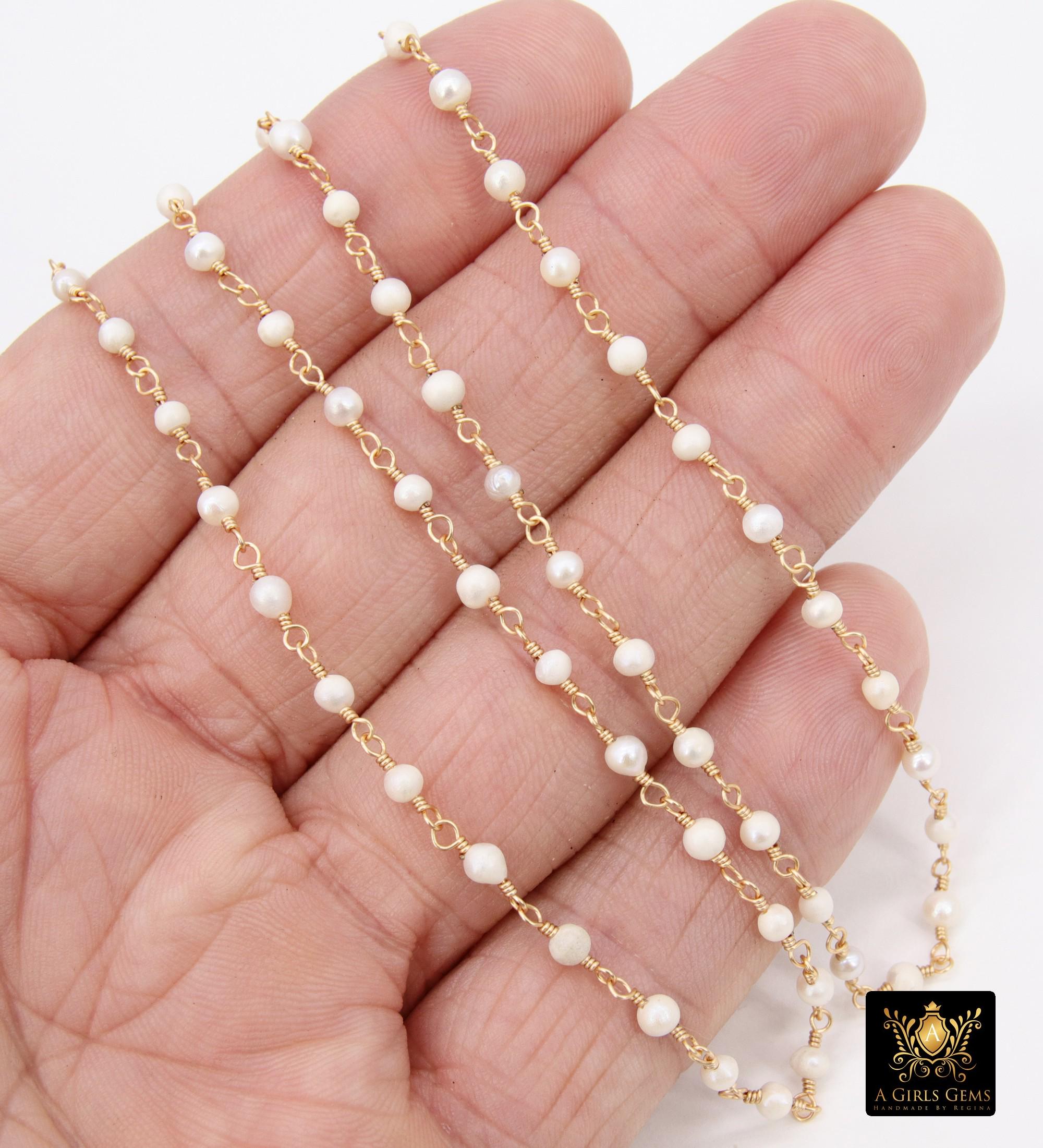 Natural Pearl Rosary Chain, 4 mm Freshwater Beaded Rosary Chain CH #540, 3 mm Gold Wire Wrapped