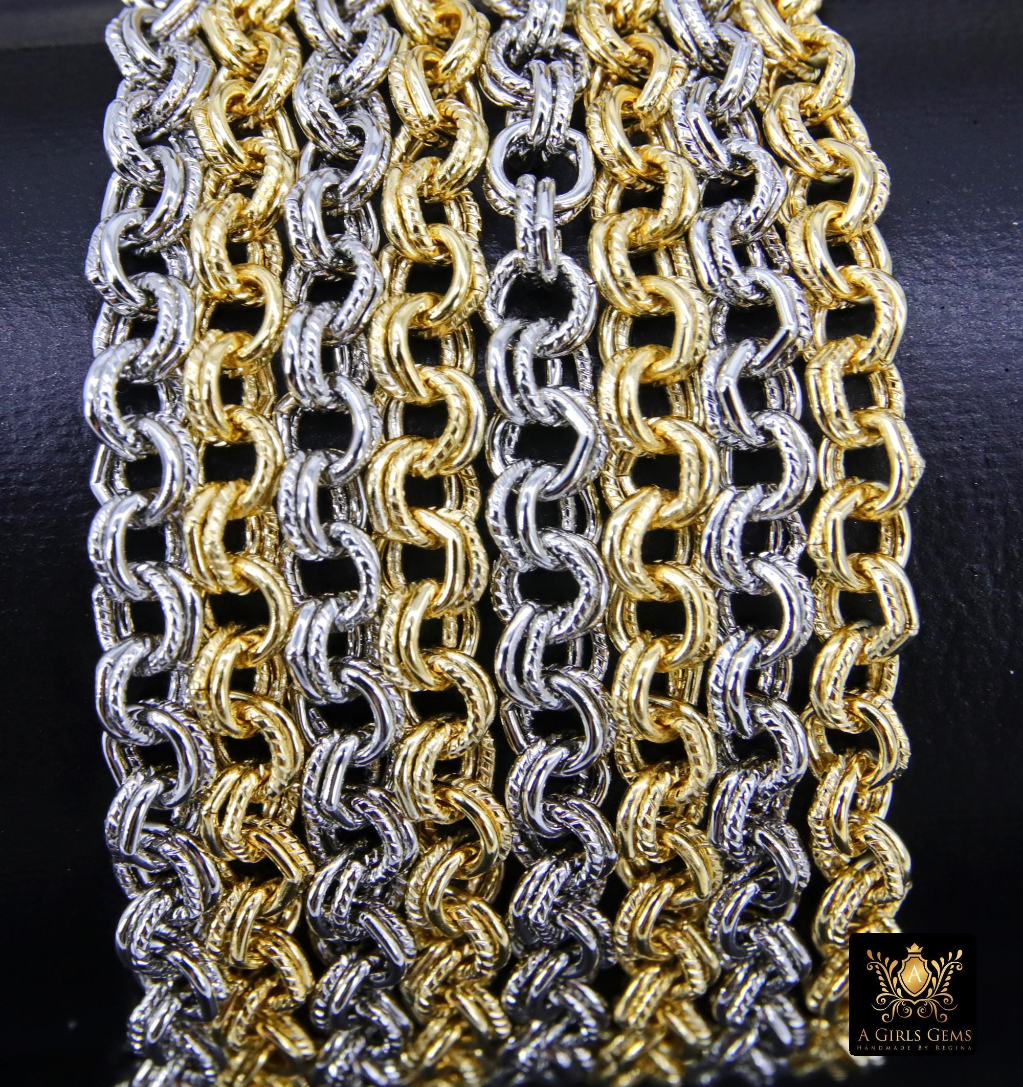 Gold or Silver 6 mm Hammered Textured Double Rolo Chain, 304 L Stainless Steel Unfinished Chain, By The Foot Yard