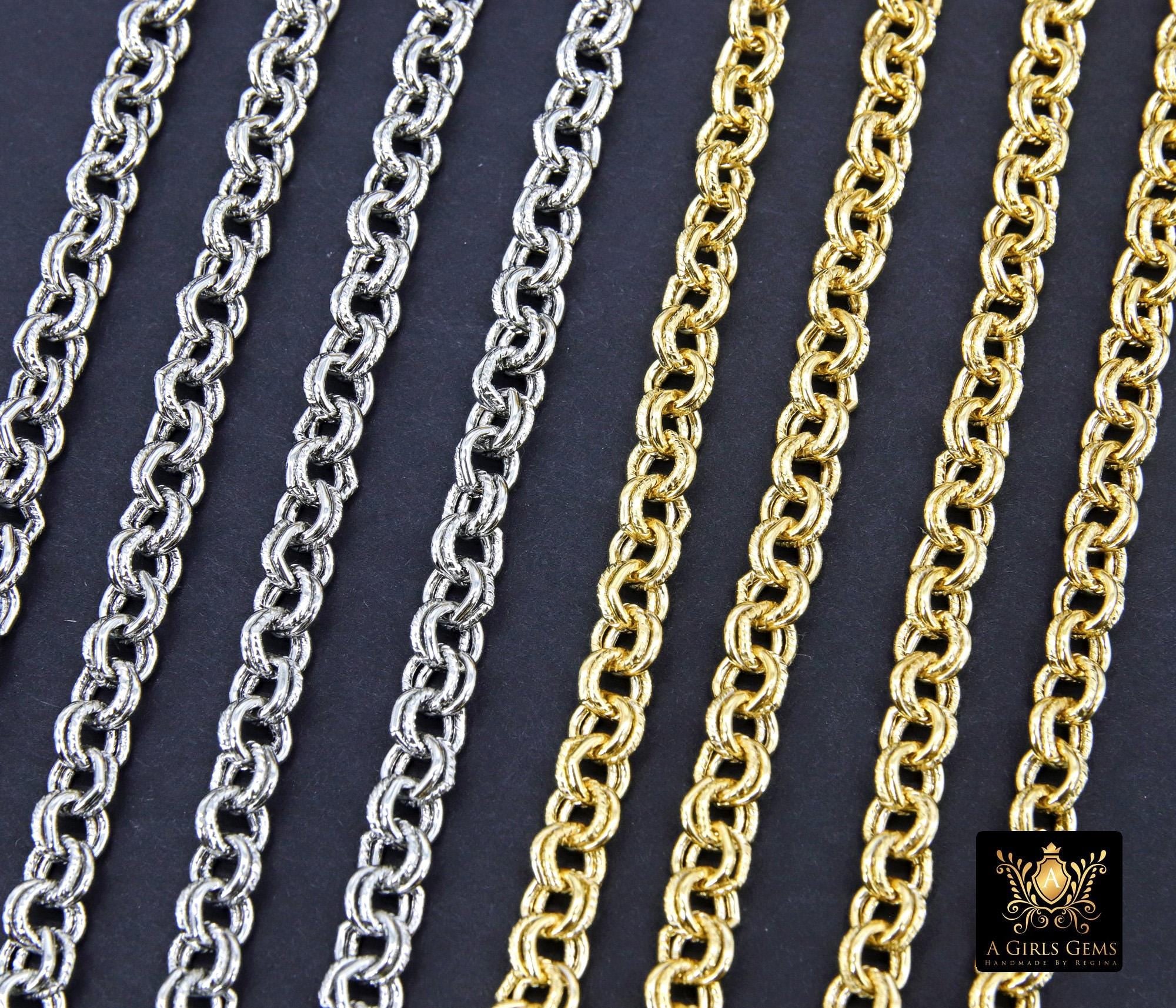 Gold Stainless Steel Double Rolo Chain, 5 mm Silver Textured Chains CH #570, 304 Unfinished Round Belcher