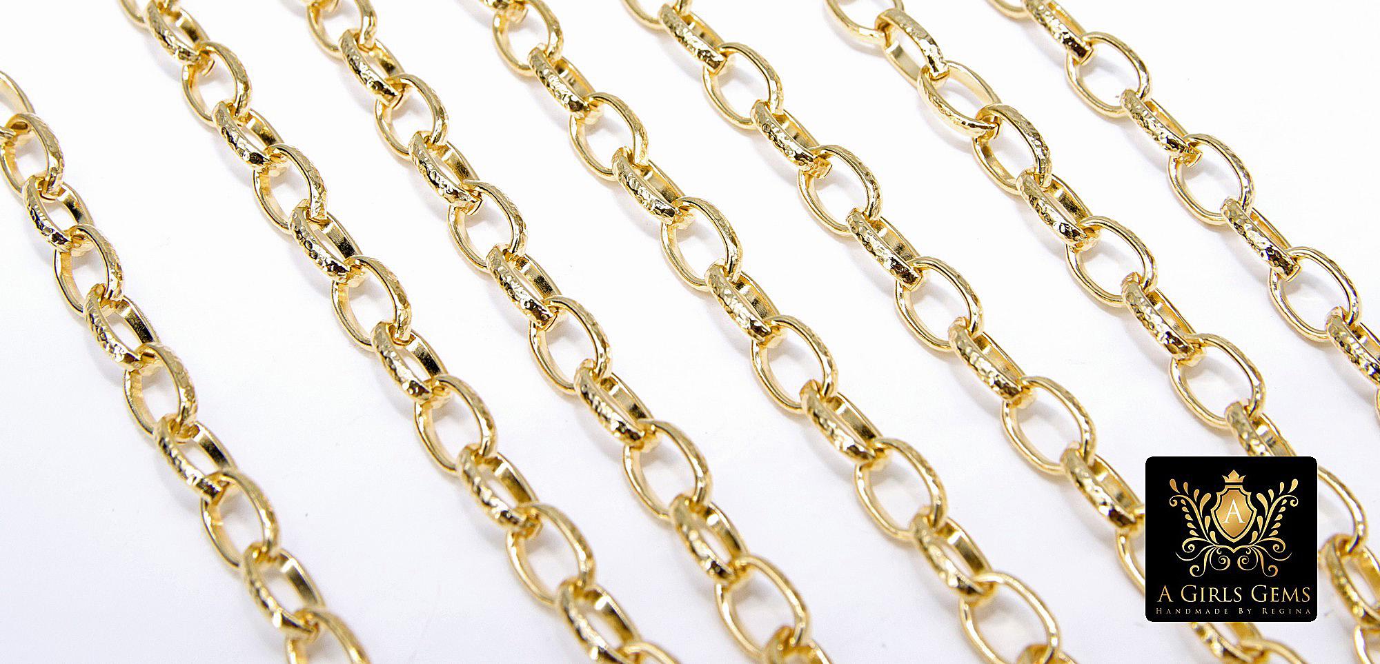 Gold Stainless Steel Oval Rolo Chain, 8 mm Textured Paperclip Chains CH #140, 304L Unfinished Thick Oval Rolo