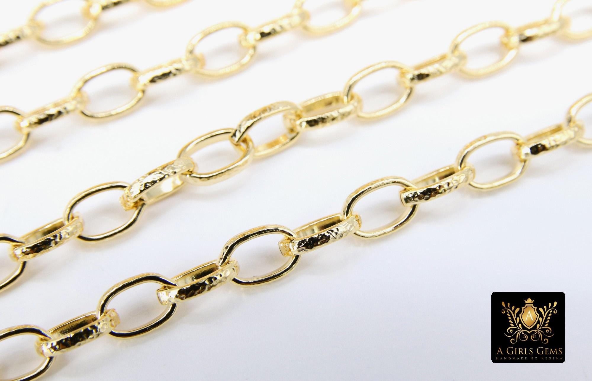 Gold Oval Rolo Heavy 304 L Stainless Steel Textured Hammered Chain, By The Foot Yard