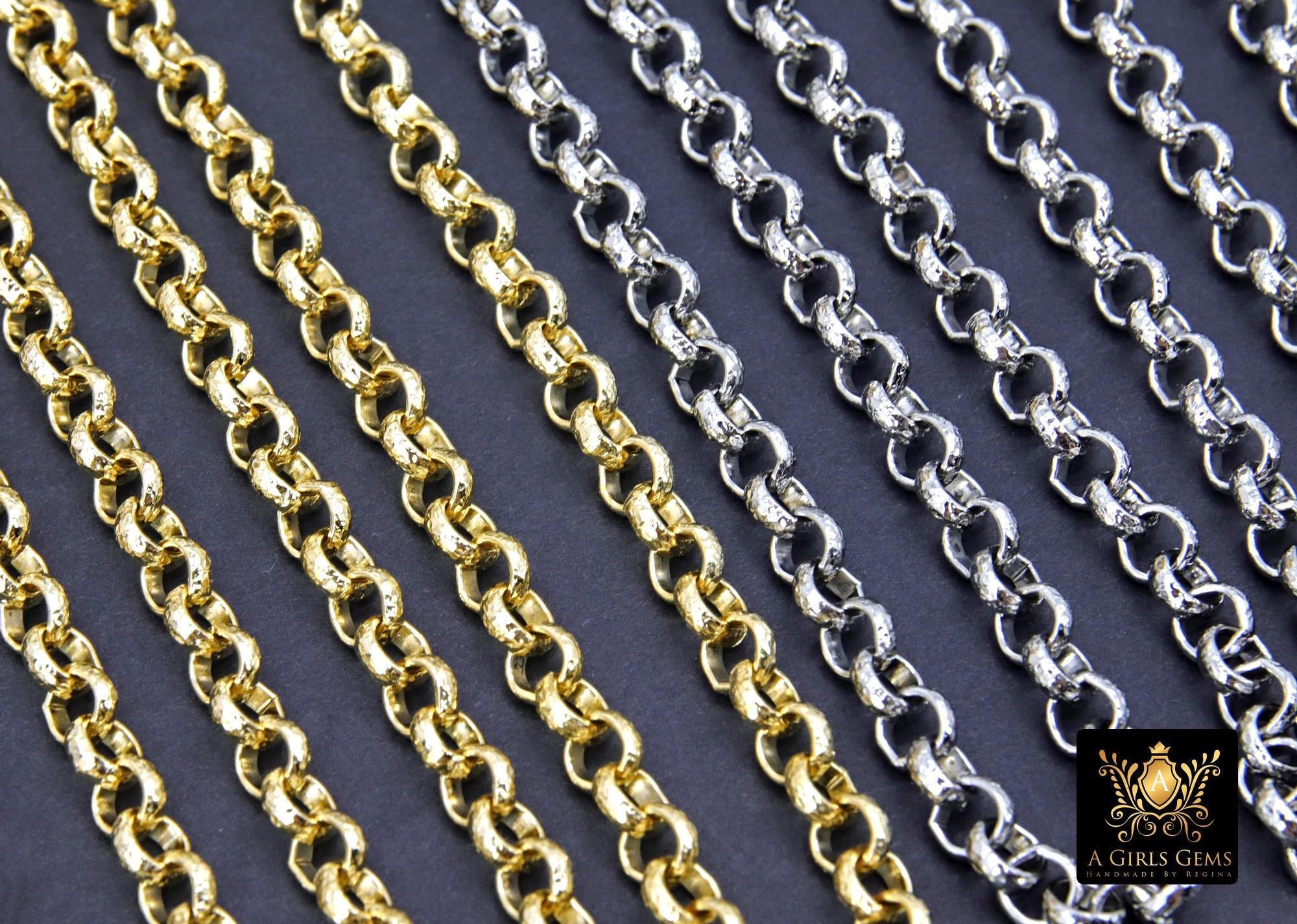 Gold or Silver 6 mm Hammered Textured Rolo Chain, 304 L Stainless Steel Unfinished Chain, By The Foot Yard