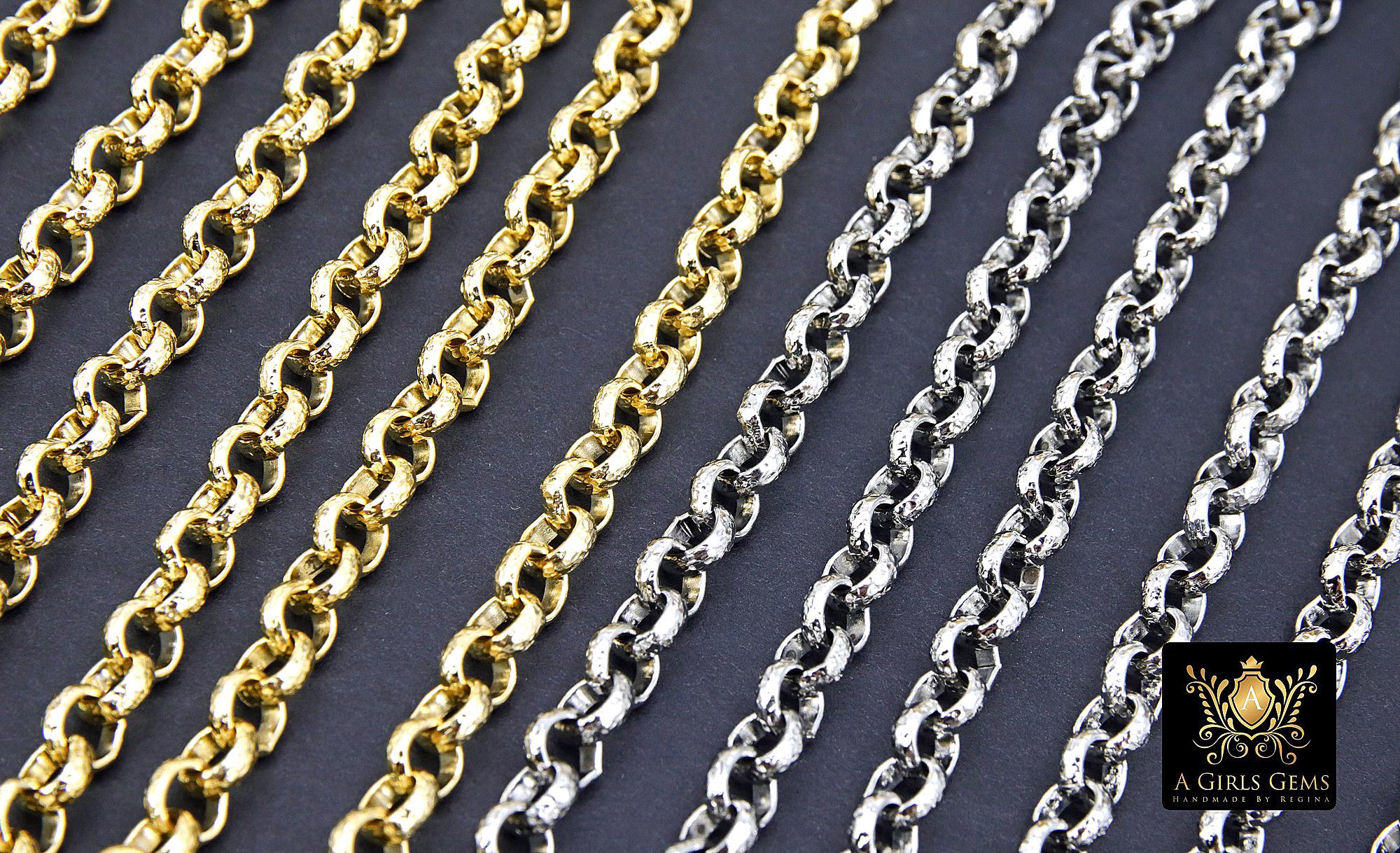 Gold or Silver 6 mm Hammered Textured Rolo Chain, 304 L Stainless Steel Unfinished Chain, By The Foot Yard