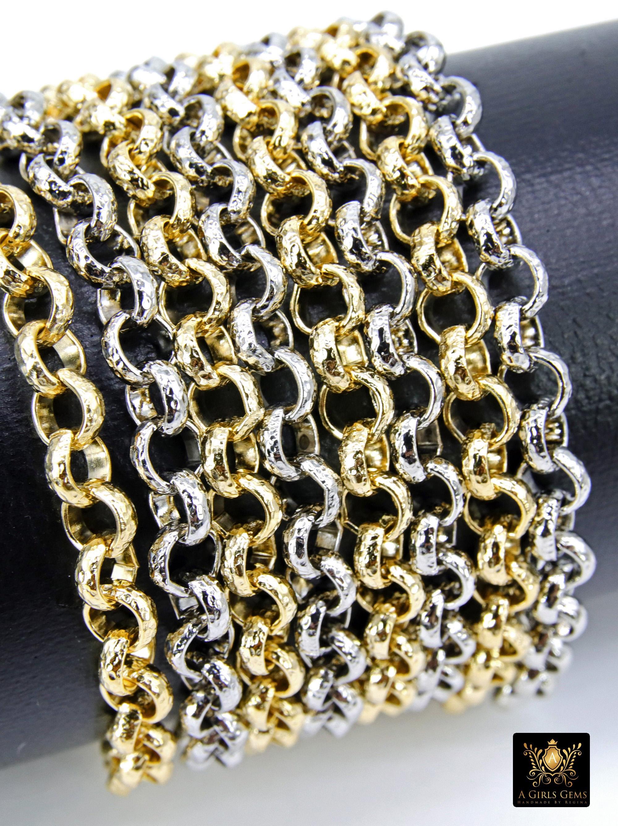 Gold or Silver 6 mm Hammered Textured Rolo Chain, 304 L Stainless Steel Unfinished Chain, By The Foot Yard