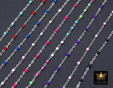 925 Sterling Silver Dainty Beaded Enamel Chain, Rainbow Satellite Jewelry CH #800, By Foot Flat Cable