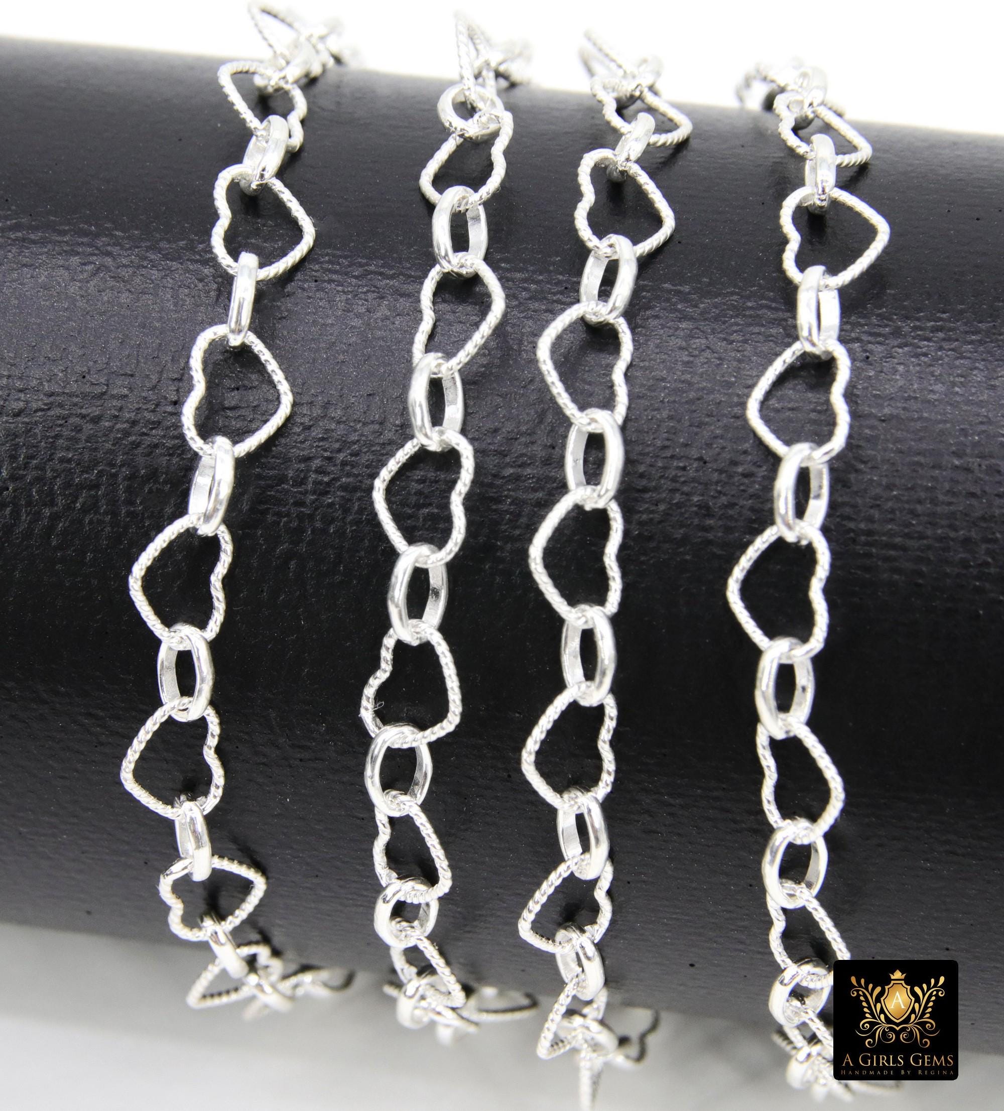 925 Sterling Silver Heart Chain, 6 mm Silver Hammered Heart Shaped Chain CH #884, Designer Jewelry Chain