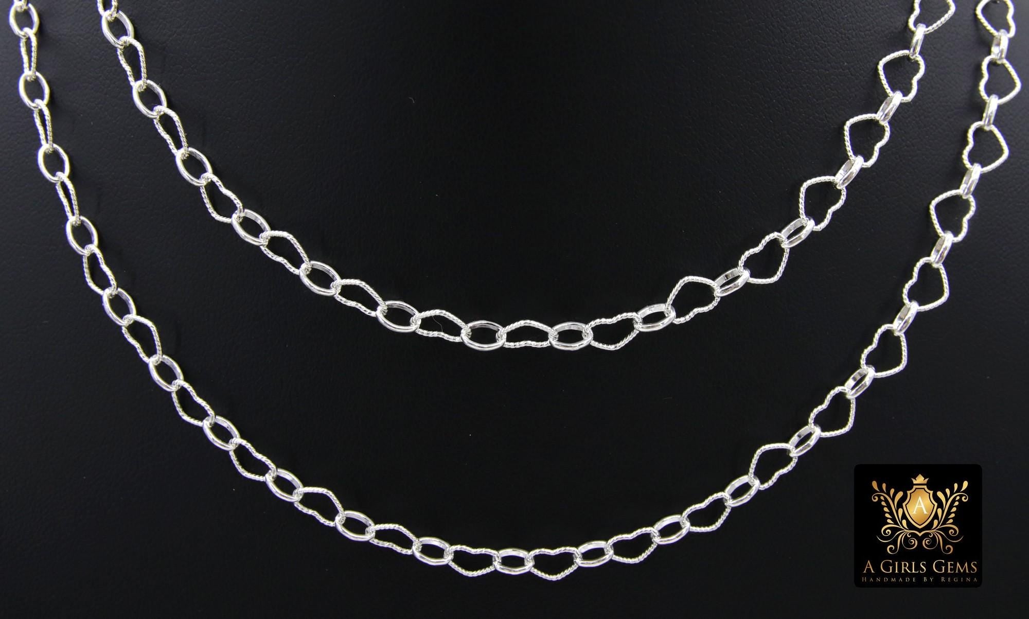 925 Sterling Silver Heart Chain, 6 mm Silver Hammered Heart Shaped Chain CH #884, Designer Jewelry Chain