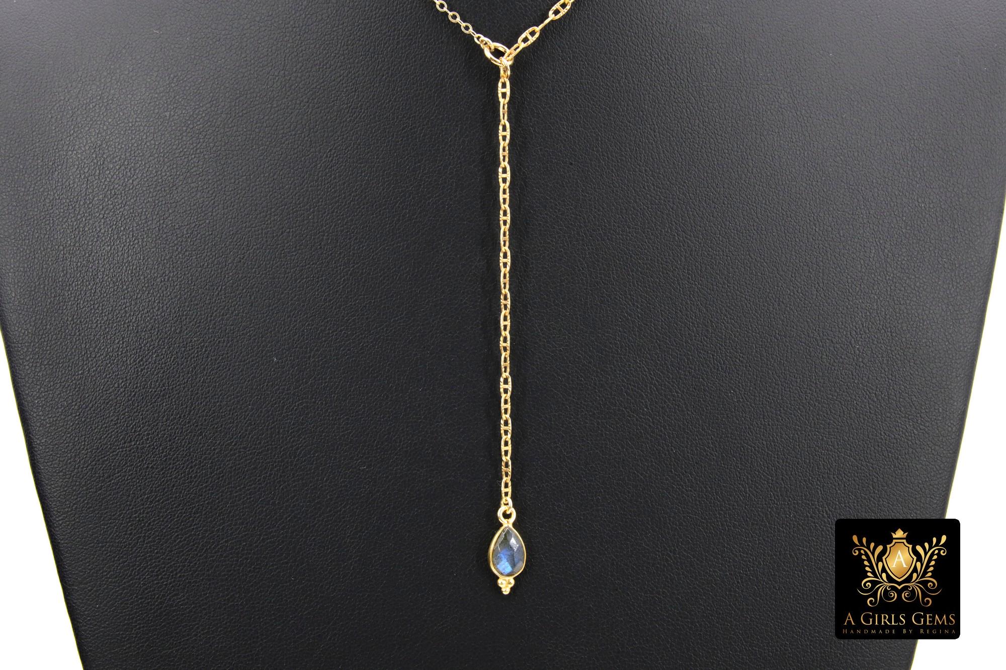14 K Gold Filled Teardrop Necklace, Gold Mariner Anchor Chain Labradorite Lariat #433, Personalized Drop Necklace