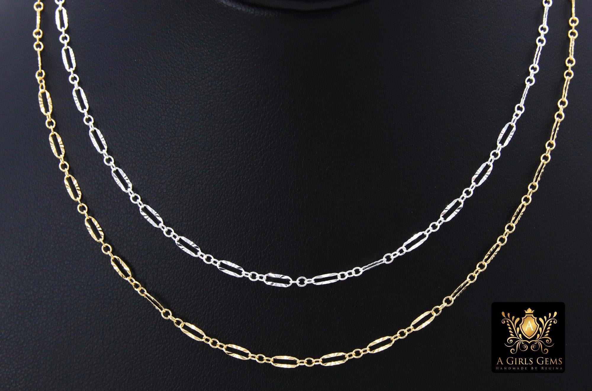14 K Gold Filled Nugget Bar Chain, 925 Sterling Silver Long and Short 2.3 mm Sequin Links, 5.4 mm Hammer Starburst Bars