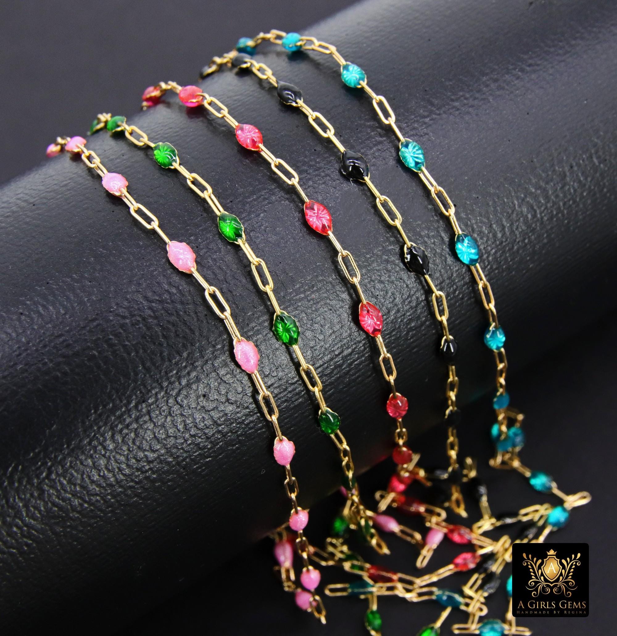 14 K Gold Filled Dainty Beaded Enamel Satellite Chain, Rainbow Jewelry CH #783, By Foot Paperclip Flat Chains
