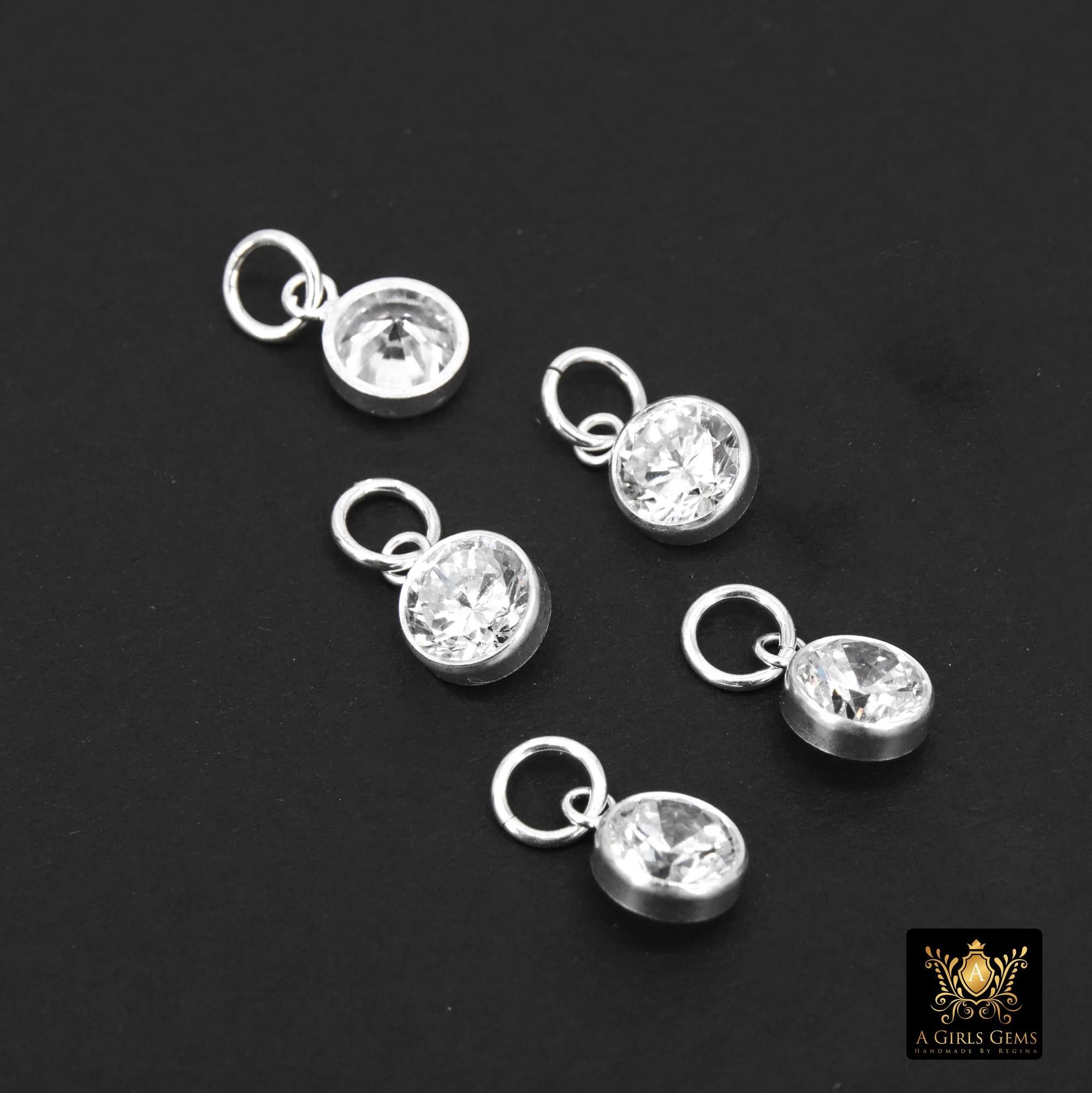 925 Sterling Silver CZ Charms, 6 mm Dangle CZ Charms #3593, Round Cubic Zirconia Charms