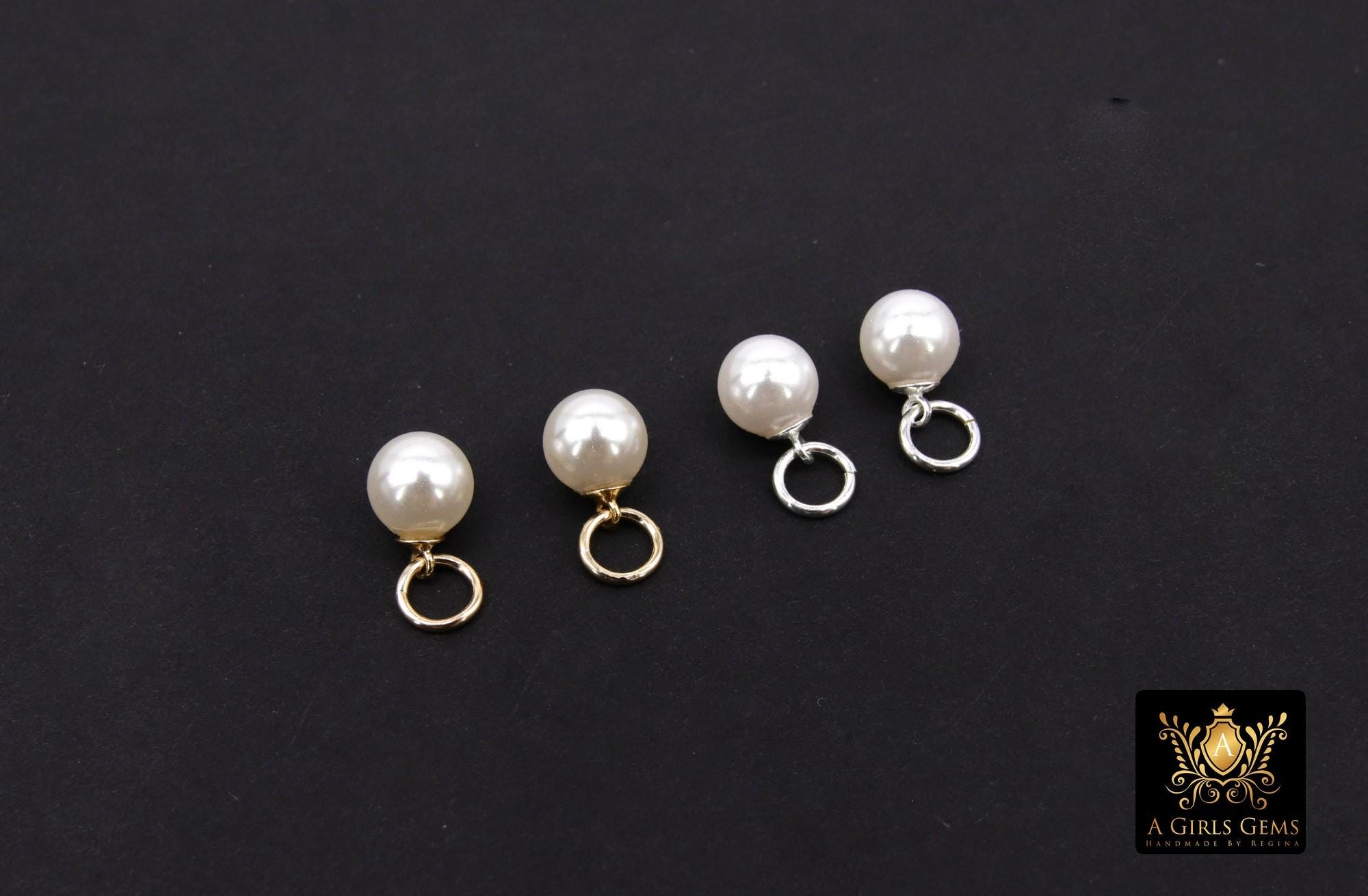 14 K Gold Filled Hoop 6 mm Pearl Charms, 925 Sterling Silver Hooplet White Pearl Charm #3595, Smooth Round White Pearl for Permanent Jewelry
