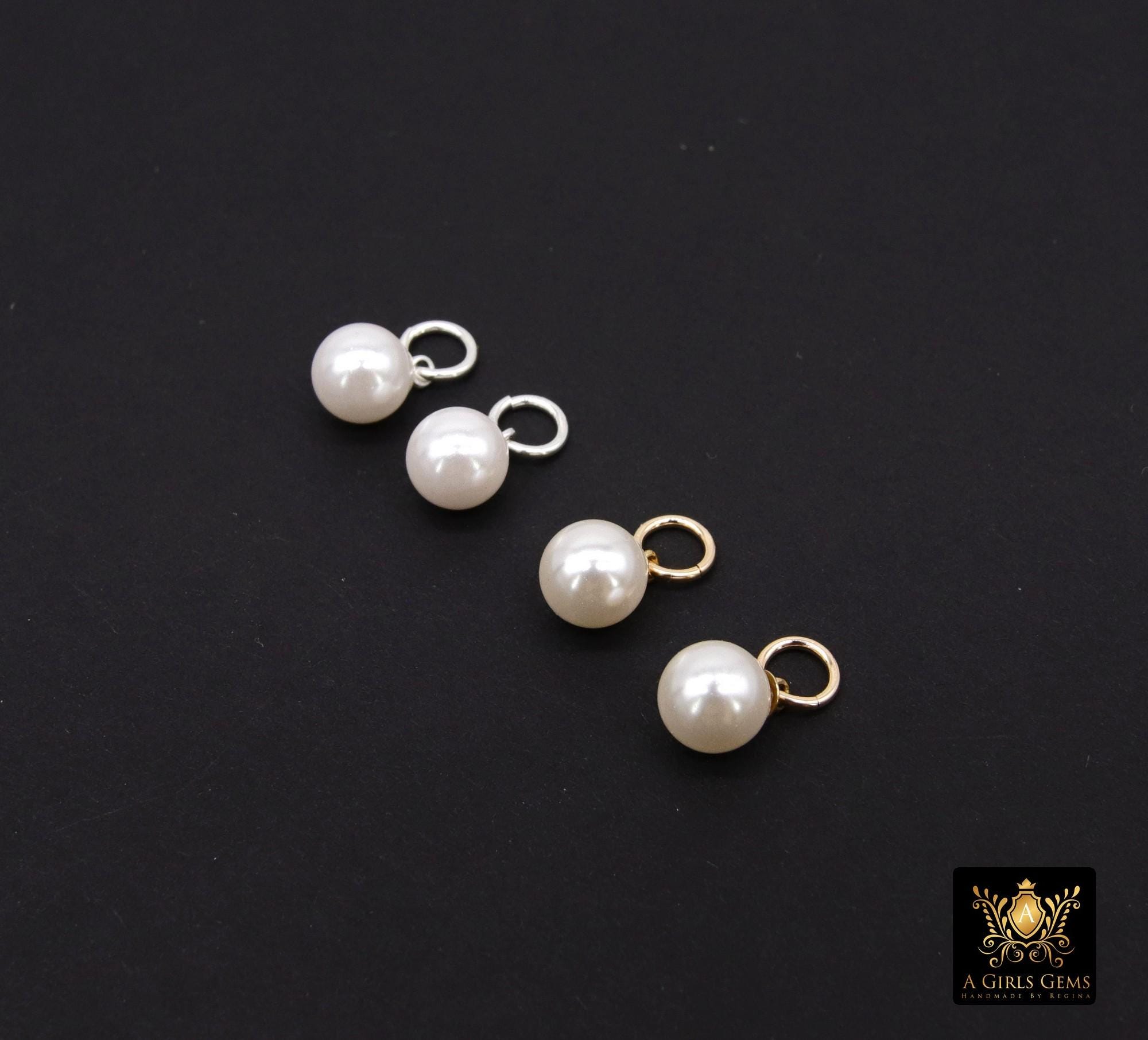 14 K Gold Filled Hoop 6 mm Pearl Charms, 925 Sterling Silver Hooplet White Pearl Charm #3595, Smooth Round White Pearl for Permanent Jewelry