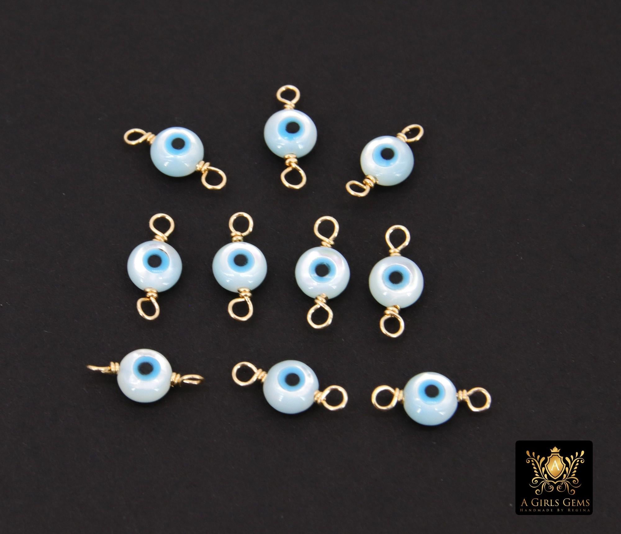 14 K Gold Filled Evil Eye Connector, 5 mm 925 Sterling Silver Round Blue Greek Eye #2763, Minimalist Permanent Jewelry Wire Wrapped Links