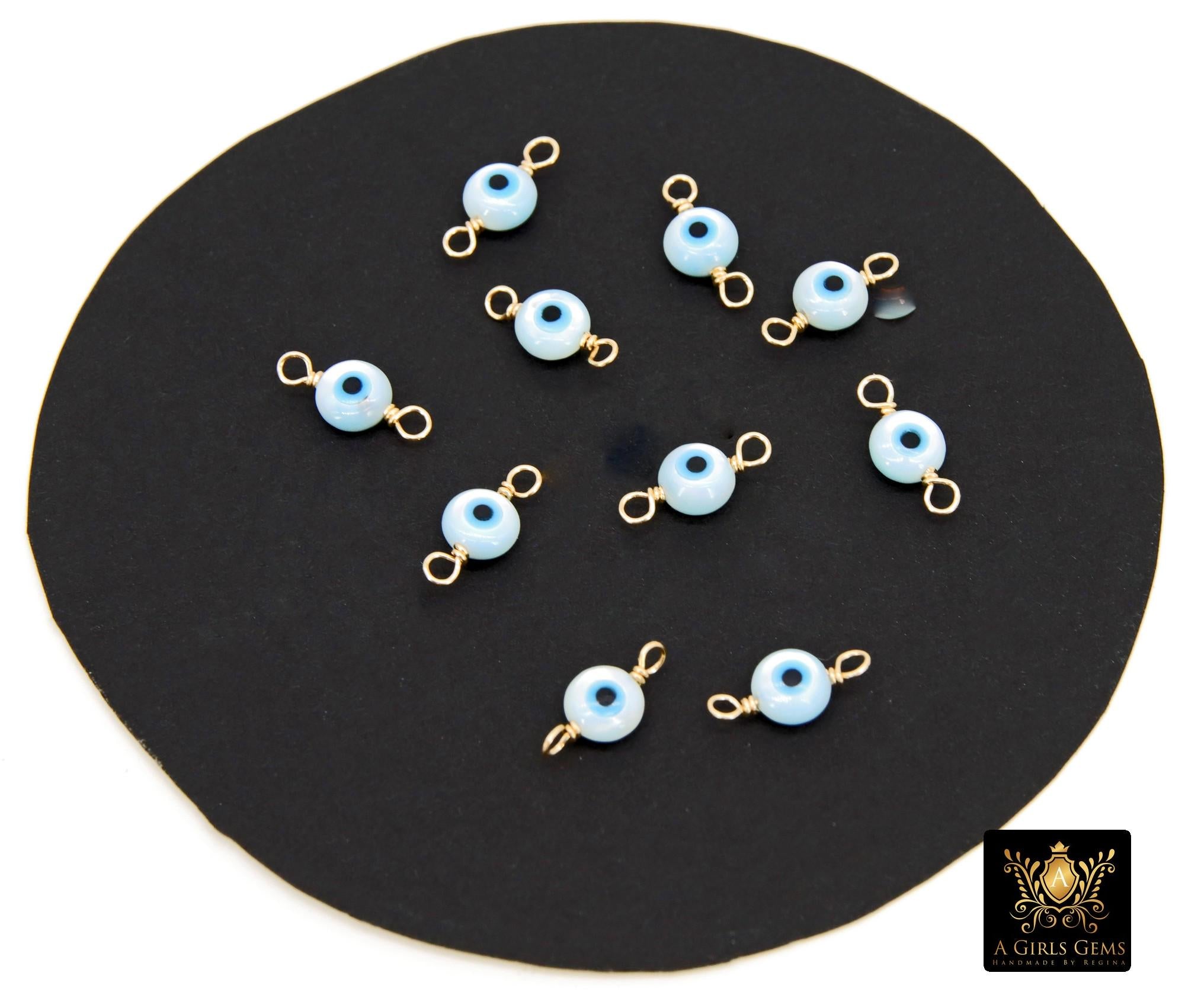 14 K Gold Filled Evil Eye Connector, 5 mm 925 Sterling Silver Round Blue Greek Eye #2763, Minimalist Permanent Jewelry Wire Wrapped Links