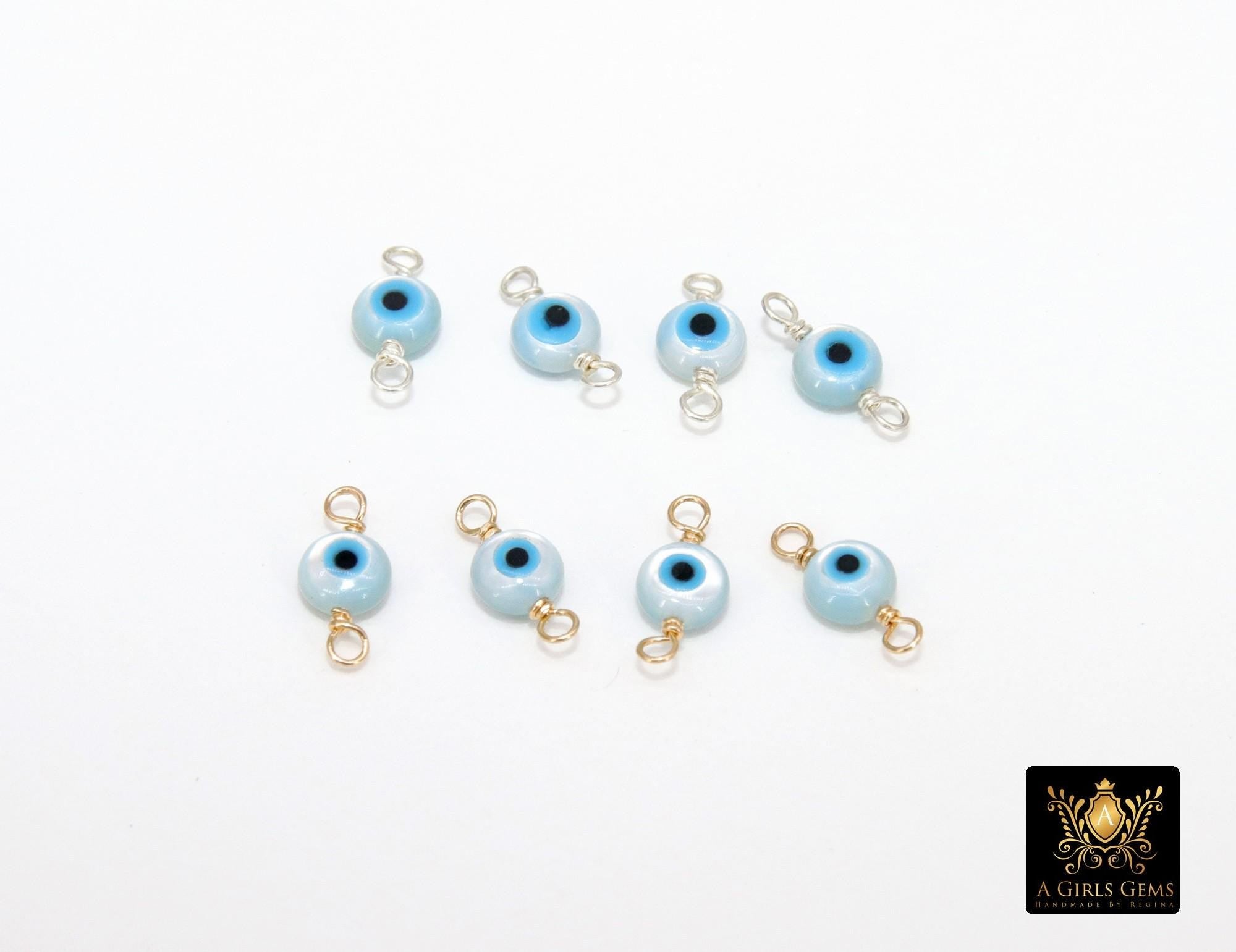 14 K Gold Filled Evil Eye Connector, 5 mm 925 Sterling Silver Round Blue Greek Eye #2763, Minimalist Permanent Jewelry Wire Wrapped Links