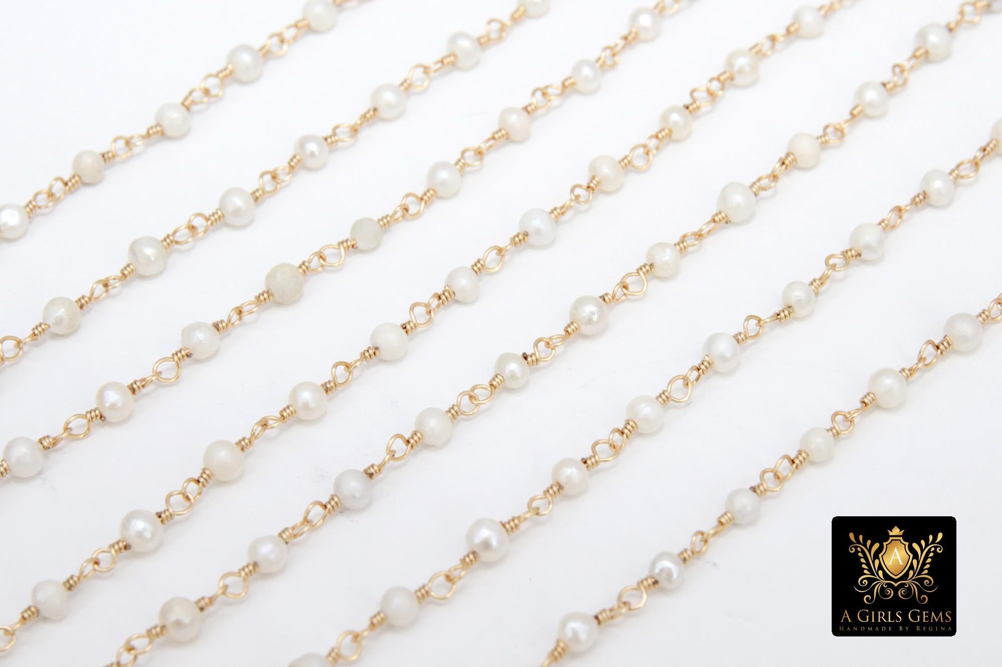 Natural Pearl Rosary Chain, 4 mm Freshwater Beaded Rosary Chain CH #540, 3 mm Gold Wire Wrapped