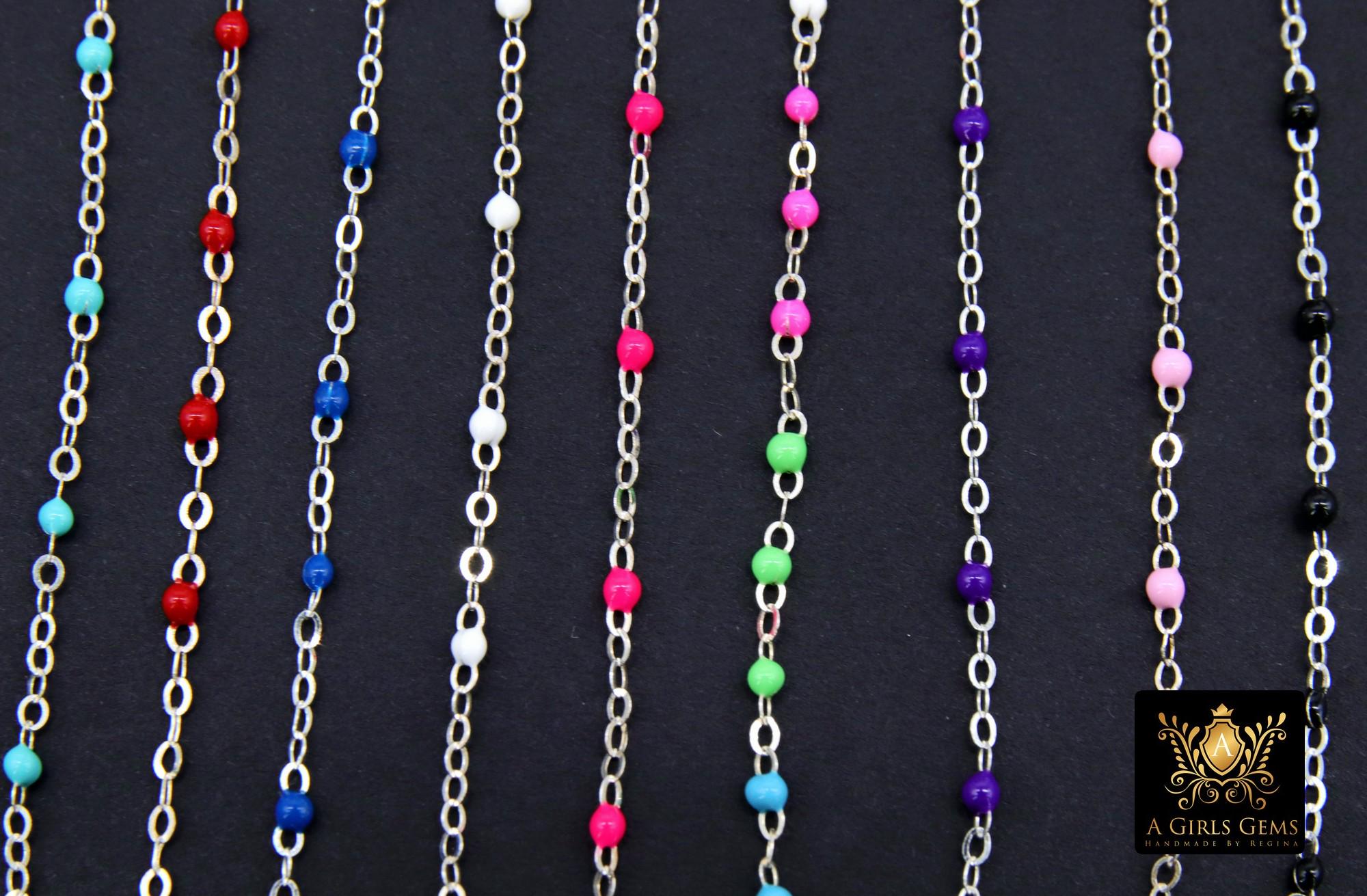 925 Sterling Silver Dainty Beaded Enamel Chain, Rainbow Satellite Jewelry CH #800, By Foot Flat Cable