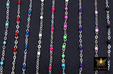 925 Sterling Silver Dainty Beaded Enamel Chain, Rainbow Satellite Jewelry CH #800, By Foot Flat Cable