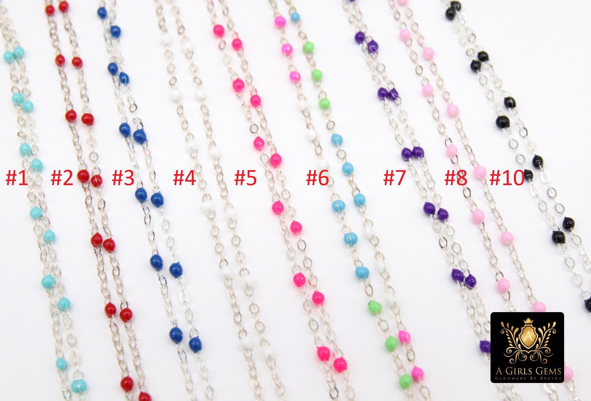 925 Sterling Silver Dainty Beaded Enamel Chain, Rainbow Satellite Jewelry CH #800, By Foot Flat Cable
