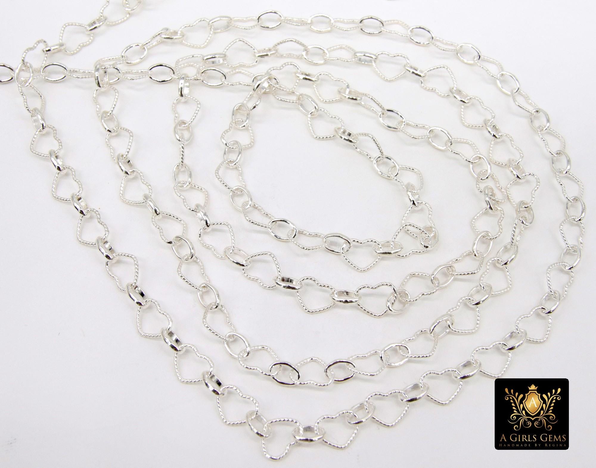 925 Sterling Silver Heart Chain, 6 mm Silver Hammered Heart Shaped Chain CH #884, Designer Jewelry Chain