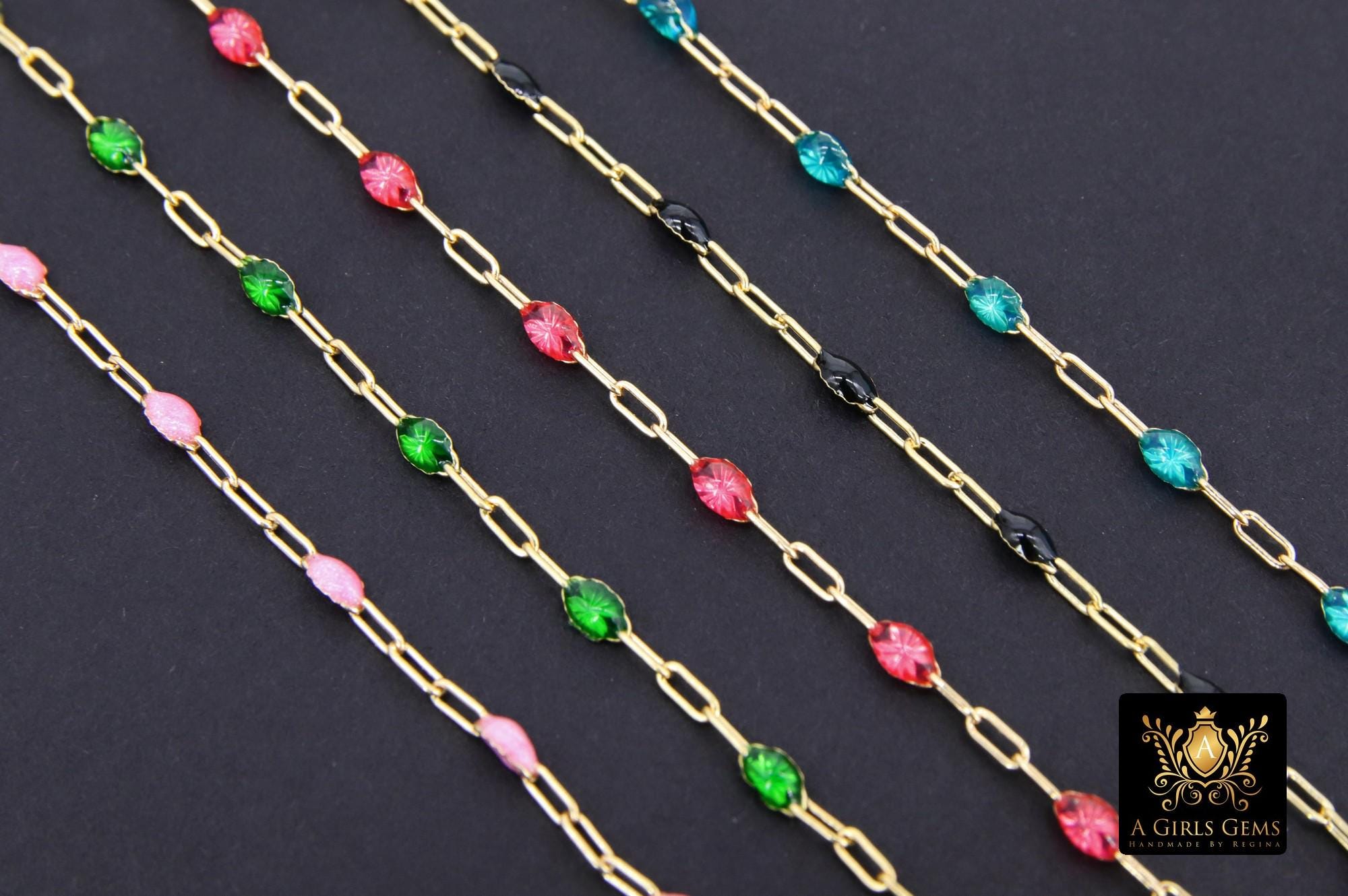 14 K Gold Filled Enamel Beaded Paperclip Chains, By The Foot, Pink, Blue Turquoise, Black, Pink, Fuchsia Satellite Chains