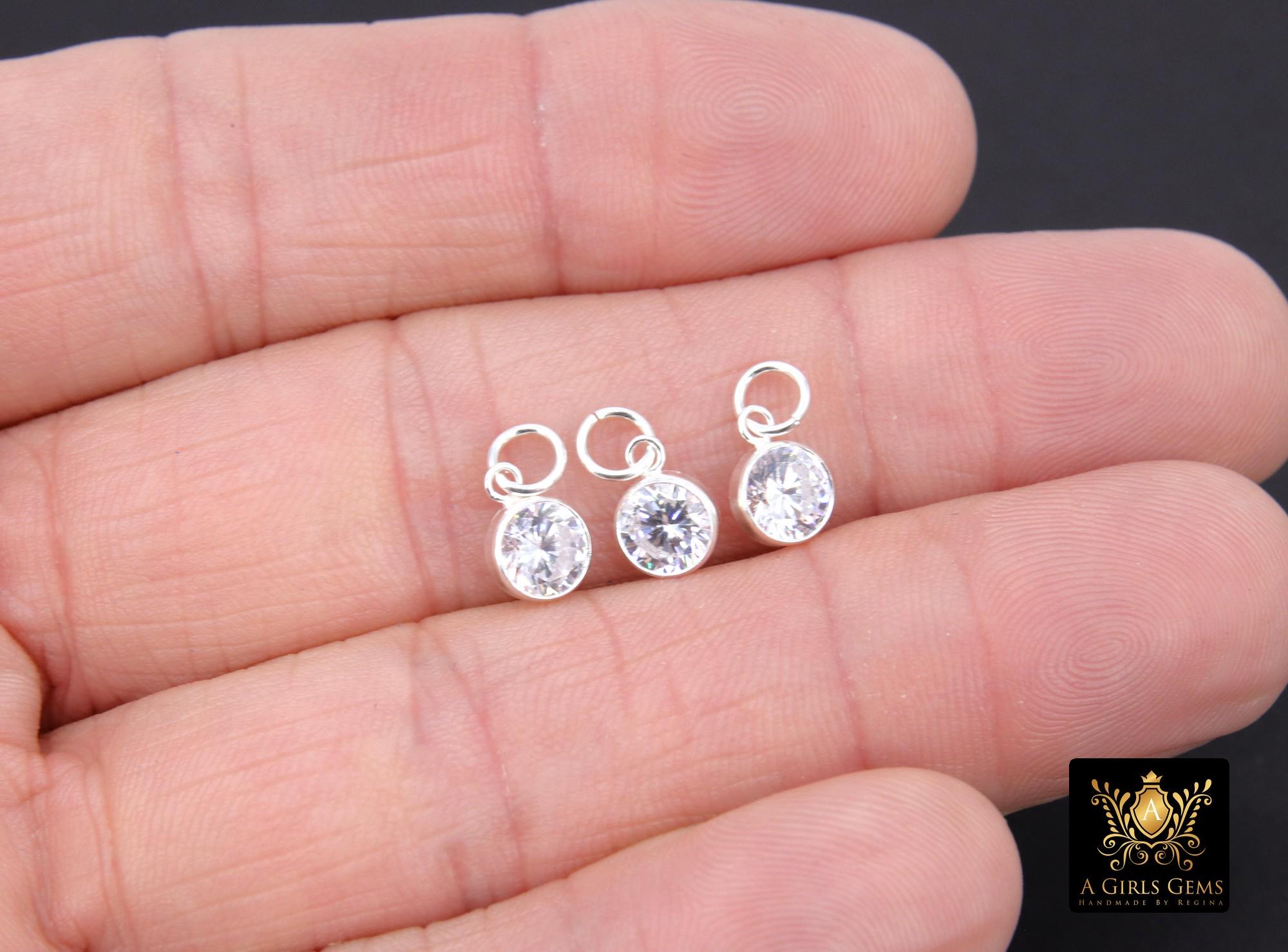925 Sterling Silver CZ Charms, 6 mm Dangle CZ Charms, Round Cubic Zirconia Charms