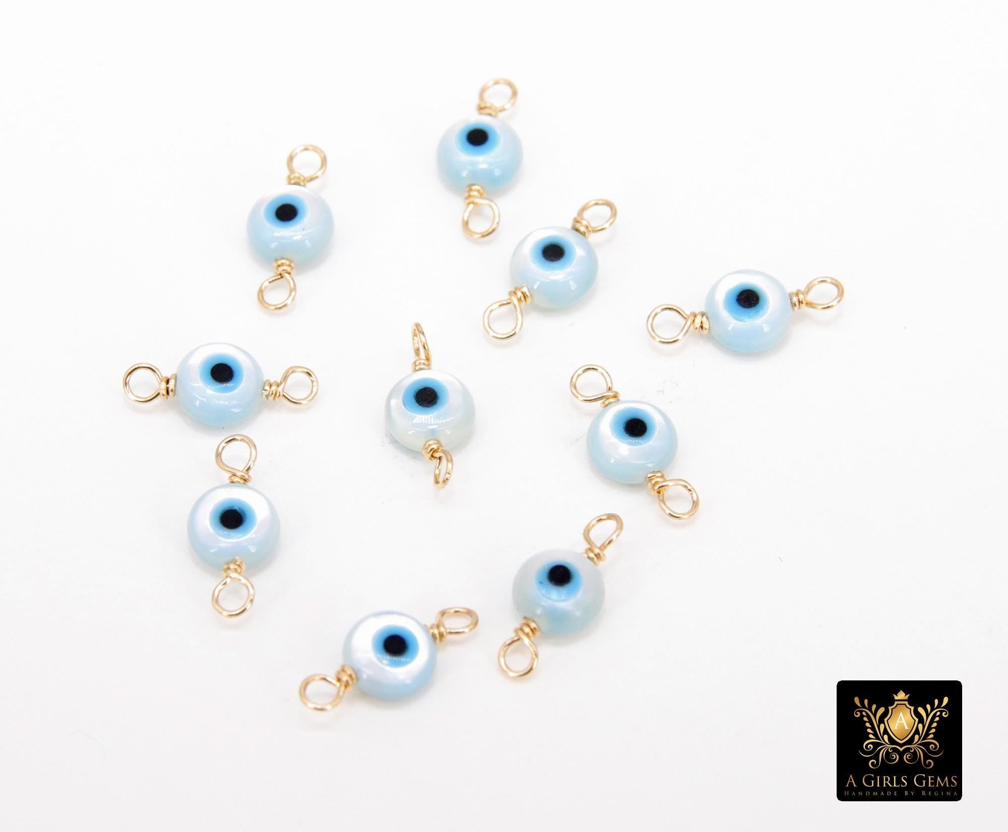 14 K Gold Filled Evil Eye Connector, 5 mm 925 Sterling Silver Round Blue Greek Eye #2763, Minimalist Permanent Jewelry Wire Wrapped Links