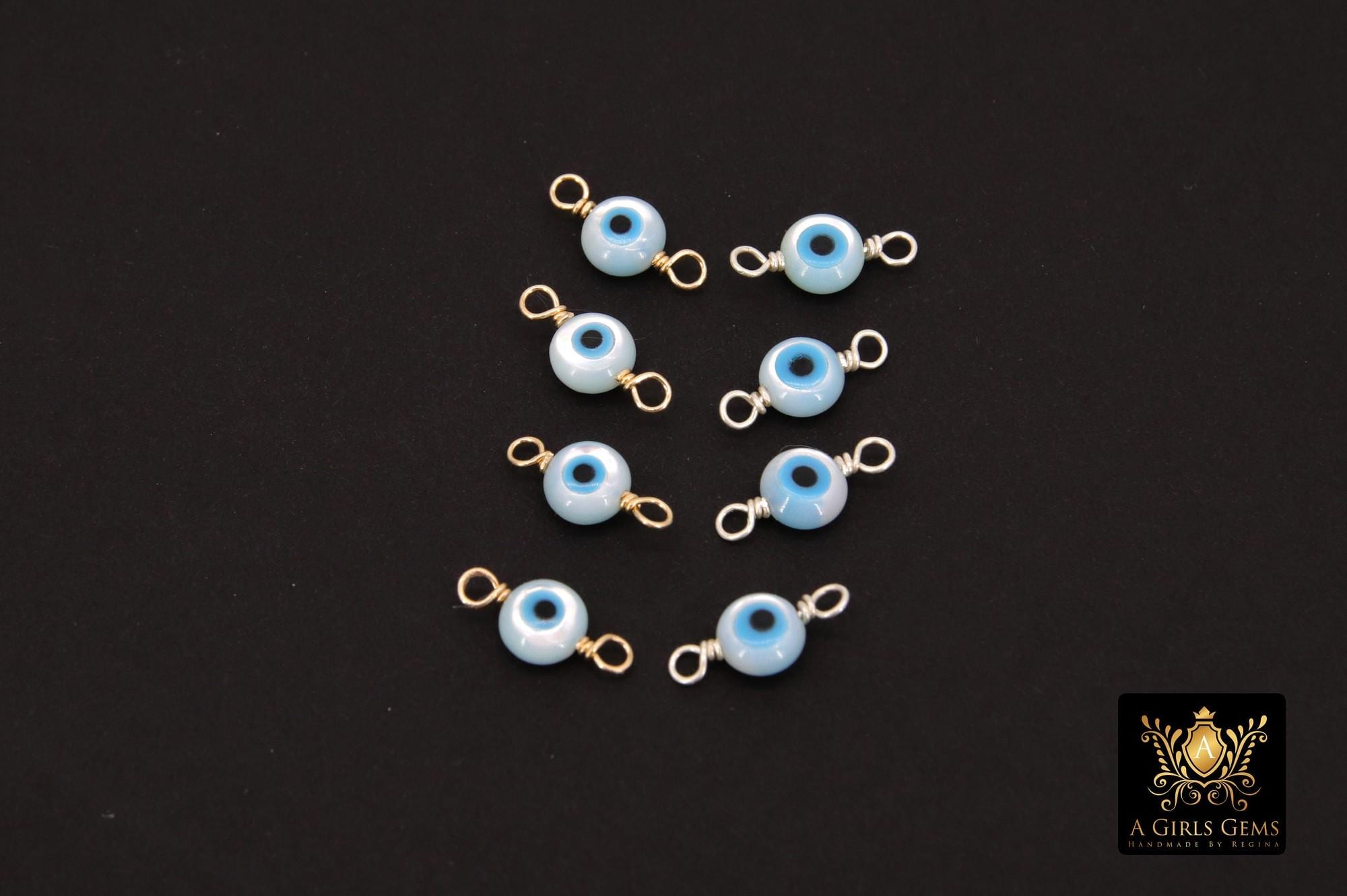 14 K Gold Filled Evil Eye Connector, 5 mm 925 Sterling Silver Round Blue Greek Eye #2763, Minimalist Permanent Jewelry Wire Wrapped Links