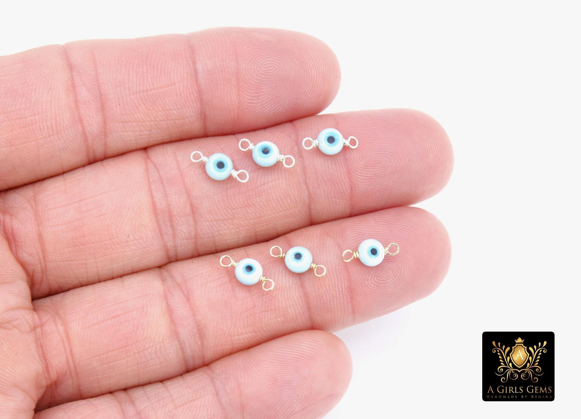 14 K Gold Filled Evil Eye Connector, 5 mm 925 Sterling Silver Round Blue Greek Eye #2763, Minimalist Permanent Jewelry Wire Wrapped Links
