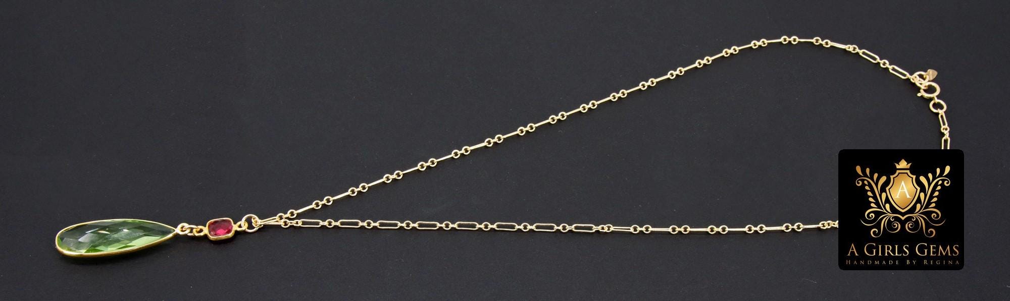 14 K Gold Filled Gemstone Necklace, Green Amethyst and Pink Tourmaline Gemstone Necklace, Long Short Chain Necklace