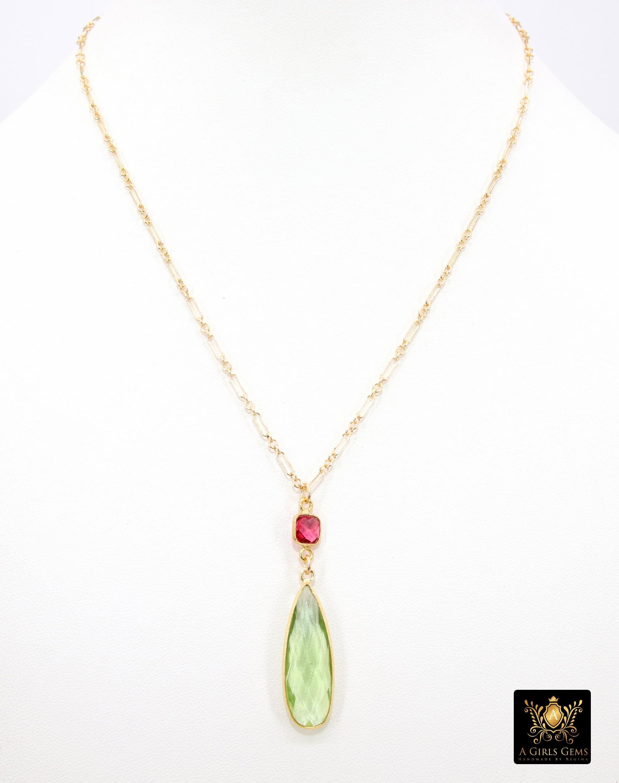 14 K Gold Filled Gemstone Necklace, Green Amethyst and Pink Tourmaline Gemstone Necklace, Long Short Chain Necklace