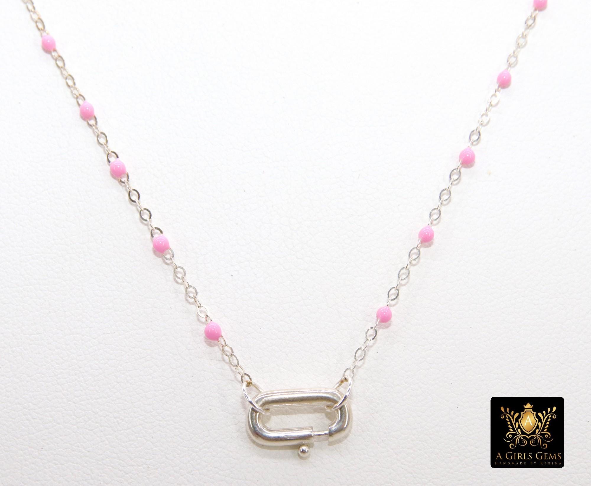 925 Sterling Silver Enamel Satellite Chain Necklace, Silver Beaded Dainty Choker, Front Charm Clasp Choker