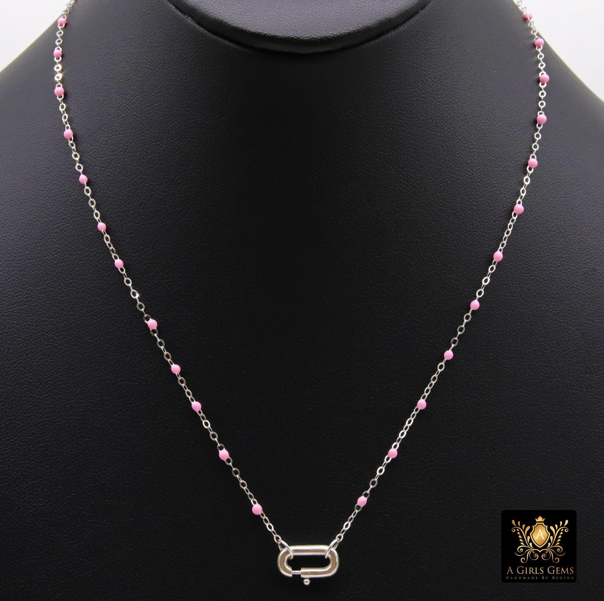 925 Sterling Silver Enamel Satellite Chain Necklace, Silver Beaded Dainty Choker, Front Charm Clasp Choker