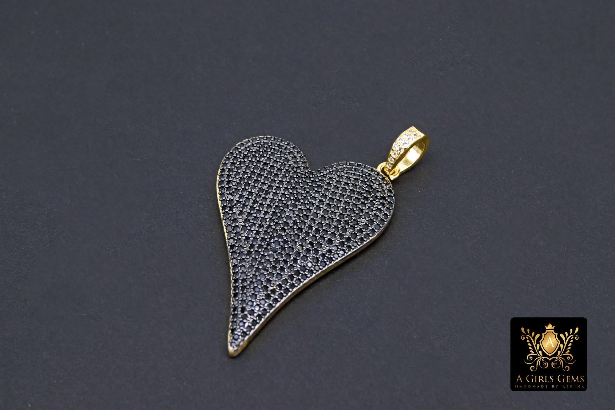 Gold CZ Heart Pendants, Blue Black Pink and Green Hearts AG 486, Cubic Zirconia 30 x 43 mm Large Heart Jewelry Charms