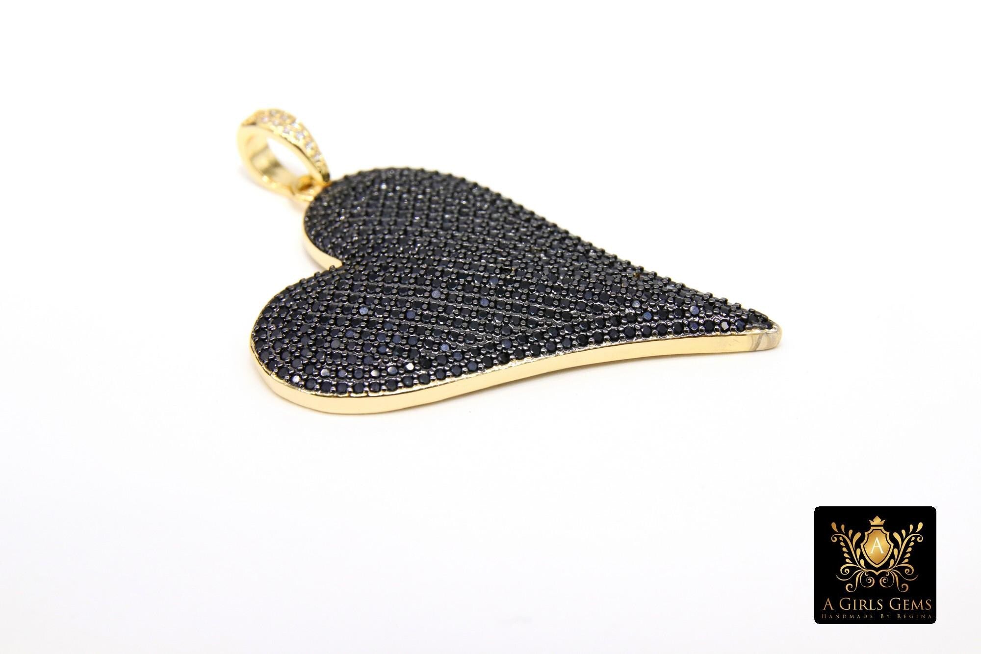 Gold CZ Heart Pendants, Blue Black Pink and Green Hearts AG 486, Cubic Zirconia 30 x 43 mm Large Heart Jewelry Charms