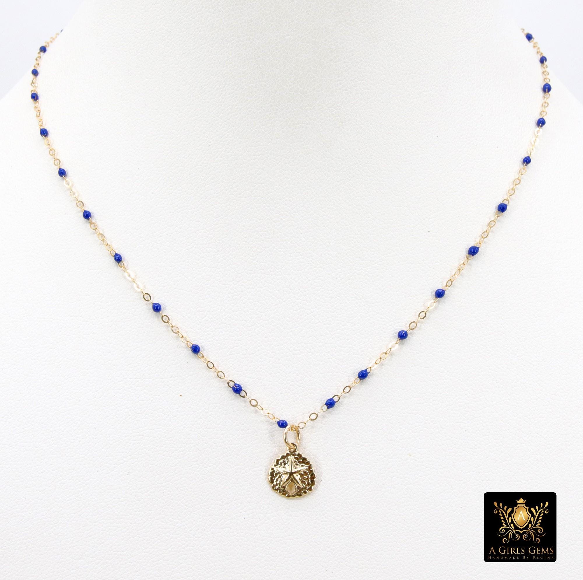 14 K Gold Filled Dainty Sand Dollar Satellite Necklace #2626, Dainty Enamel Beach Choker, 10 Beaded Enamel Color Choices